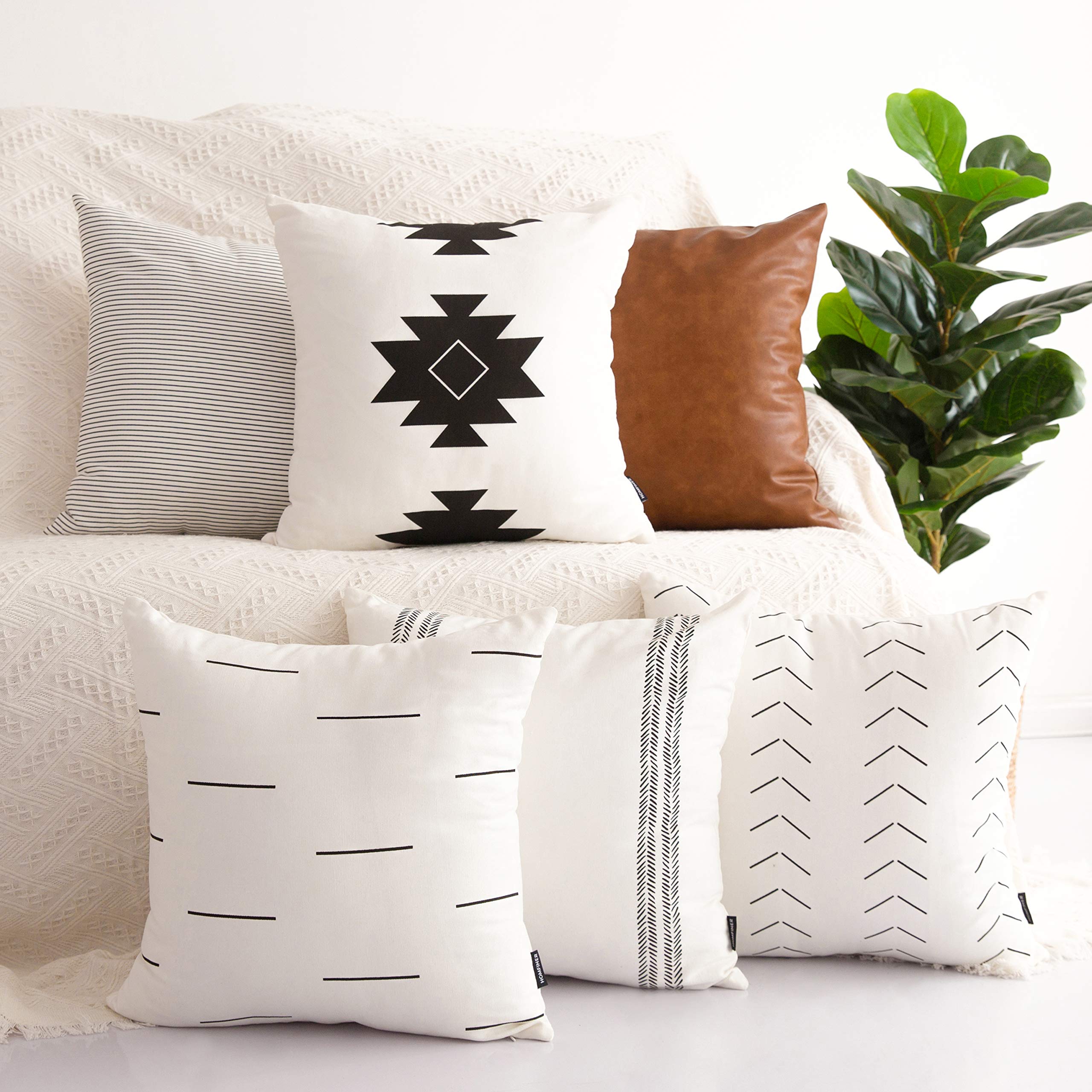 HOMFINER 18x18 Inch Decorative Throw Pillow Covers Set of 6 - 100% Cotton Geometric Stripes Modern Design for Couch, Sofa, Bed - Faux Leather - Perfect for Living Room, Bedroom & Home Decor