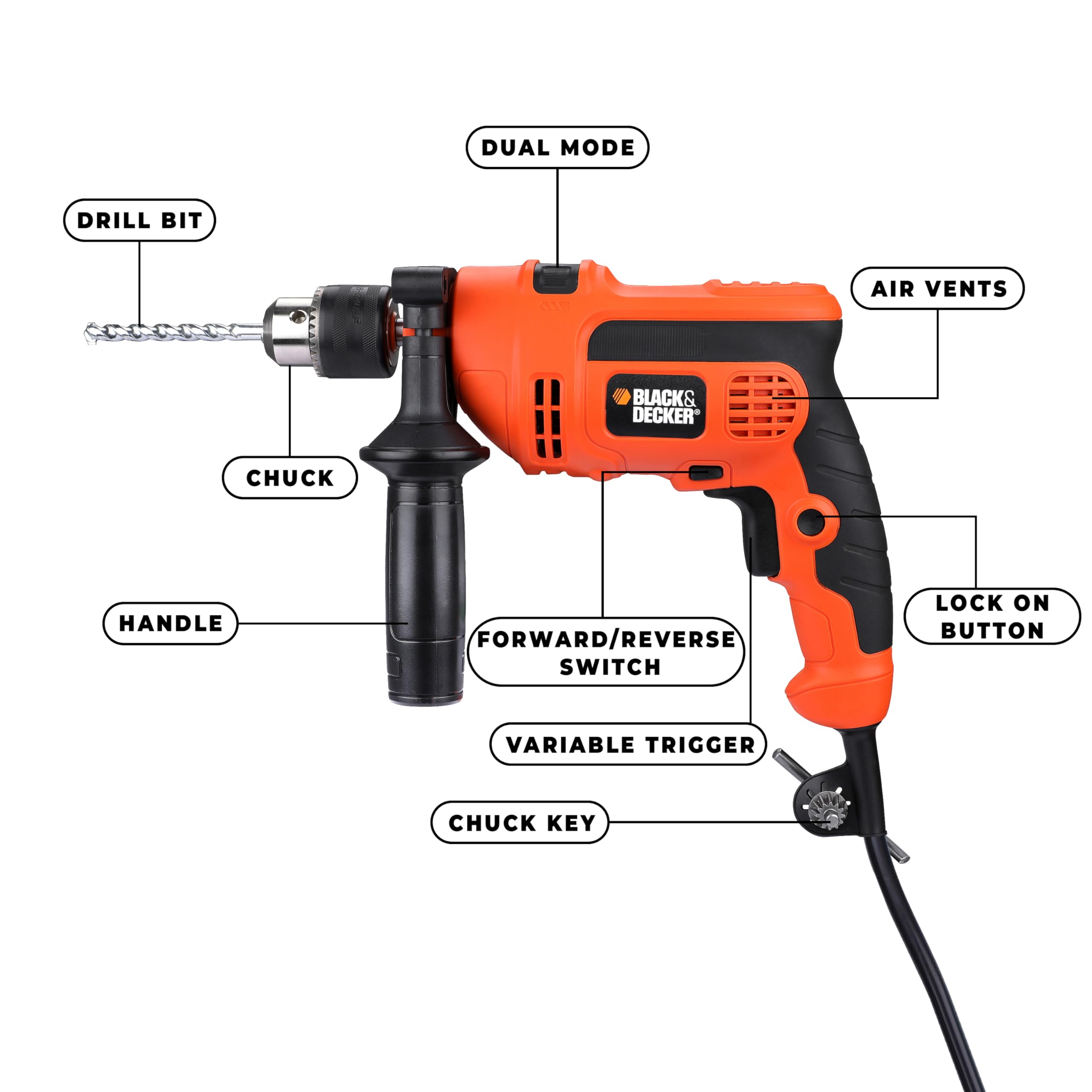 Black & Decker KR554RE 550-Watt 13mm Variable Speed Reversible Hammer Drill - Powerful Corded Electric Drill for Wood, Metal & Masonry - Perfect for DIY Projects, Home Repairs & Construction Work