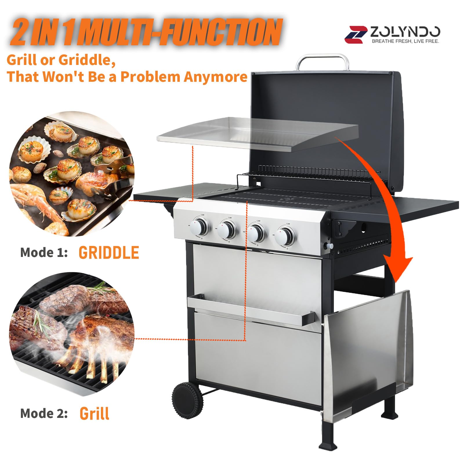 4 Burner Outdoor Griddle Grill Combo - 2-in-1 Propane Gas BBQ Grill with Enameled Cast Iron Grids & Stainless Steel Plancha - 49,200 BTU Portable Gas Grill for Backyard, Camping, Tailgating and Outdoor Cooking