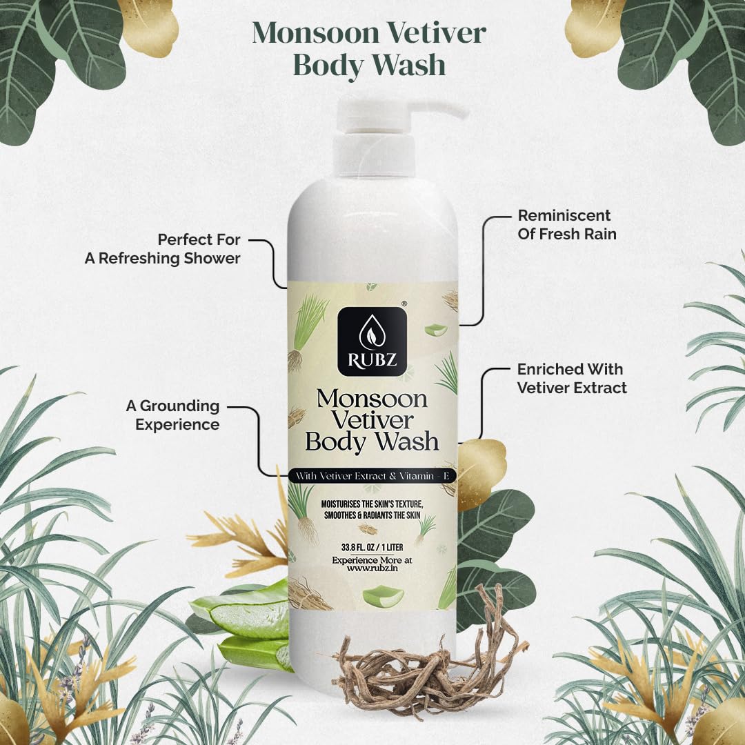 Rubz Monsoon Vetiver Body Wash - Glycerin Enriched, Long-Lasting Fragrance, Soap-Free for Women & Men | Paraben & SLS Free | 1 Litre | Hydrating & Refreshing for Daily Shower & Spa-Like Experience
