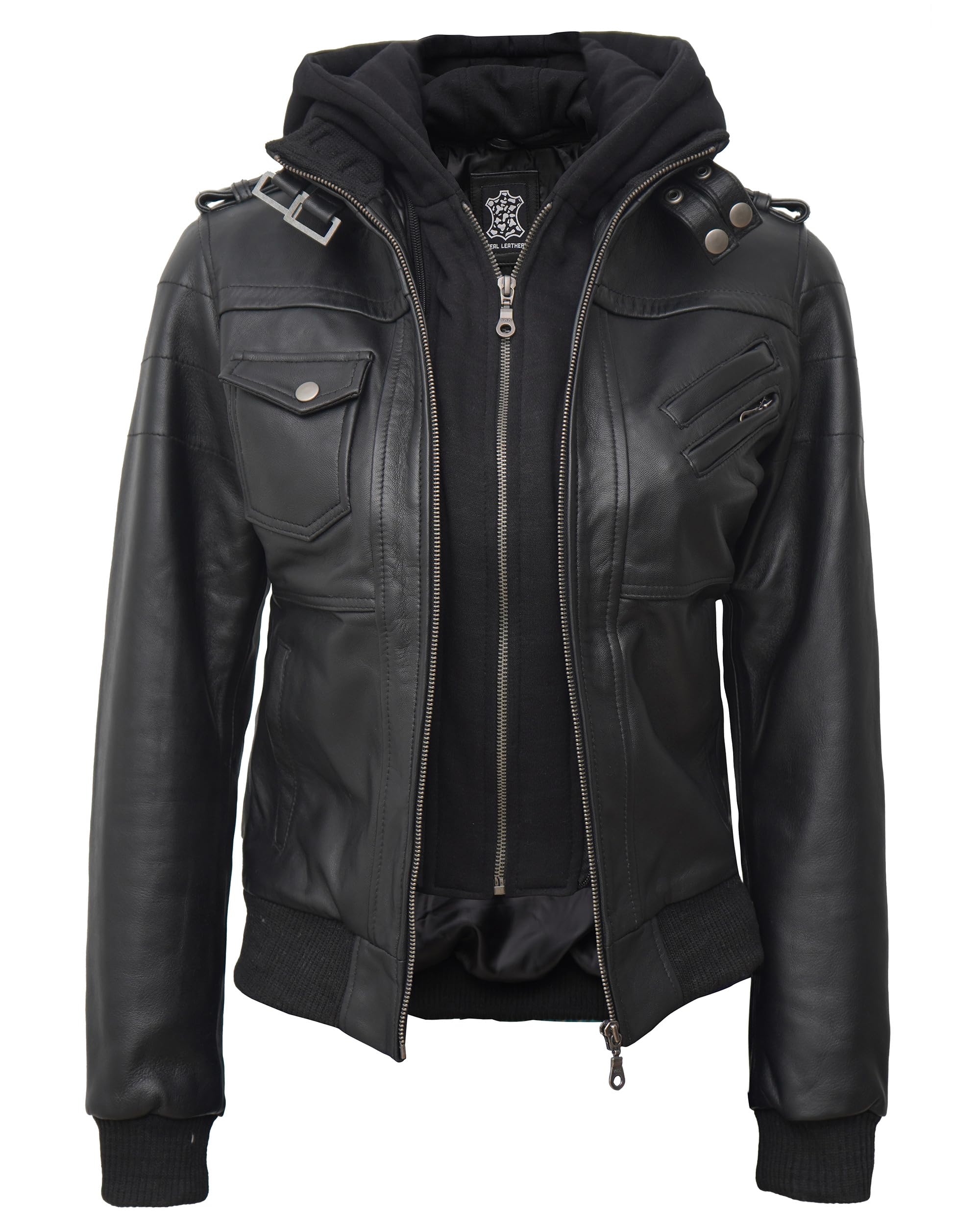 Decrum Genuine Leather Jacket for Women - Detachable Hood Bomber Jacket | Fall & Winter Fashion Outerwear | Perfect for Casual Outings, Date Nights & Cold Weather Protection
