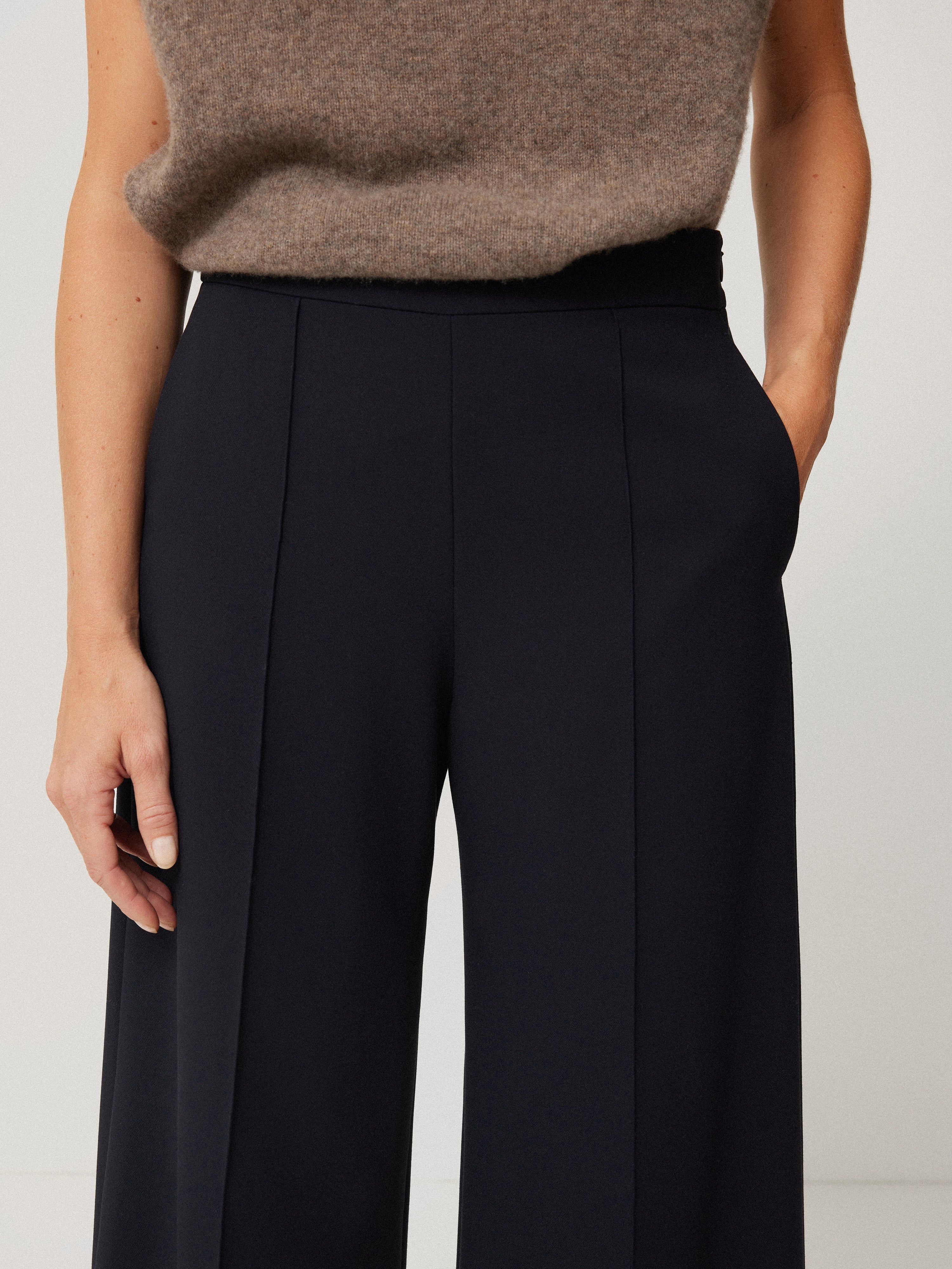 Italian Modern Crepe Sailor Pants for Women - High Waisted Wide Leg Trousers in Navy Blue | Perfect for Office Wear, Casual Outfits & Travel