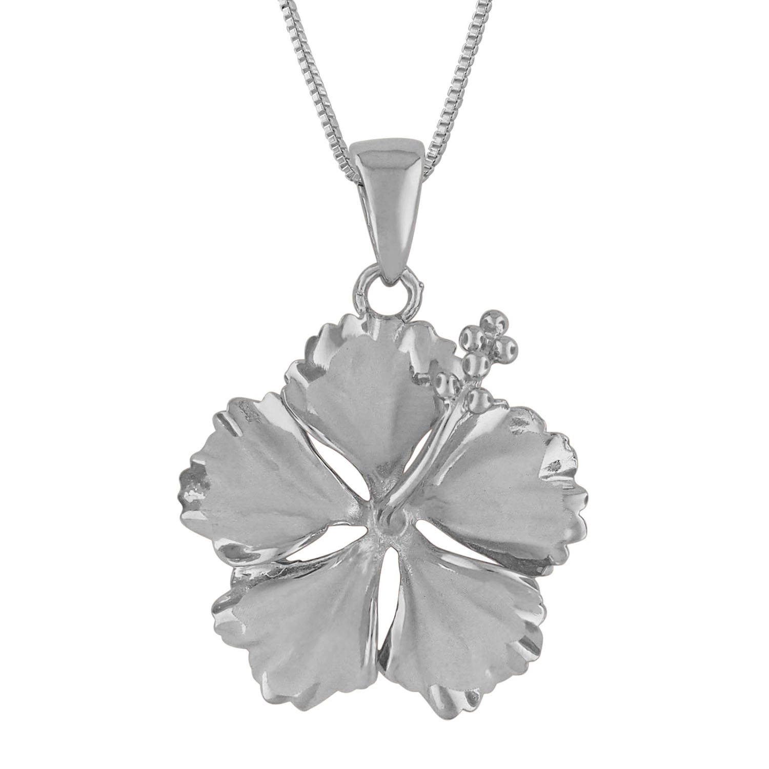 Sterling Silver 23mm Hibiscus Flower Pendant Necklace for Women, 16+2 Inch Adjustable Chain - Perfect for Beach Vacations, Summer Outfits & Tropical Themed Parties