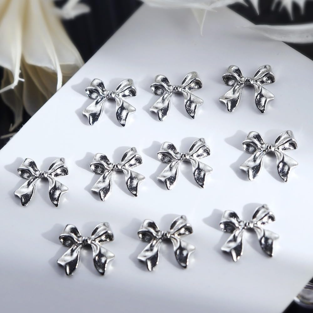 S.A.V.I 3D Bowknot Nail Charms - 10 Pcs Silver Bow Nail Art Decorations for DIY Manicure | Elegant Metallic Nail Accessories for Salon & Home Use | Perfect for Weddings, Parties & Special Occasions