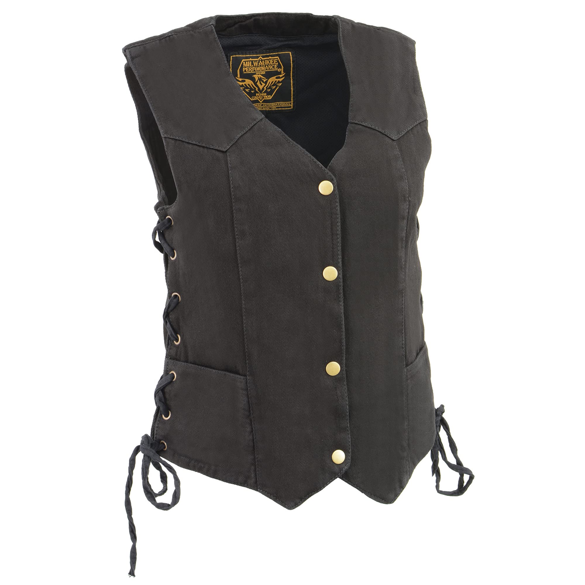 Milwaukee Women's Black Denim Vest with Side Lace & 4 Snap Front Closure - Casual Chic Layering Piece for Spring/Fall Outfits