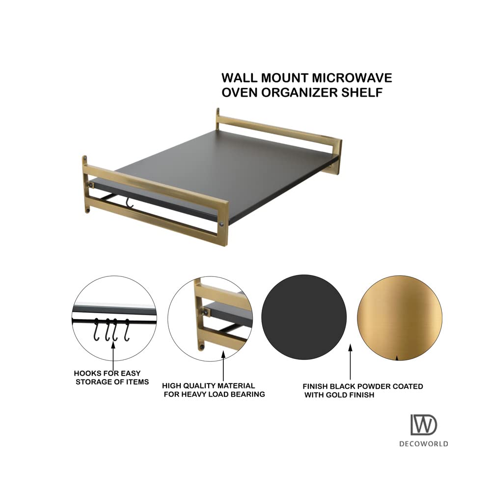 Premium Wall Mounted Metal Microwave Stand - Space Saving Kitchen Organizer for Microwave & OTG Oven | Extra Storage Shelf with Hooks | Black & Gold Finish | Perfect for Small Kitchens & Apartments