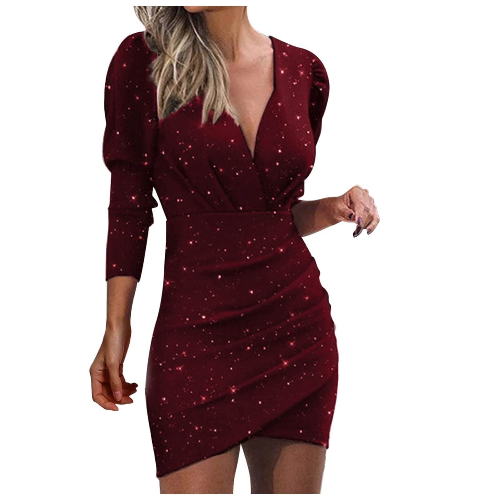 Wrap V Ruched Sequins Women's Deep V Long Sleeve Dress - Sexy Nightclub & Party Gown for Evening Events, Date Nights & Special Occasions