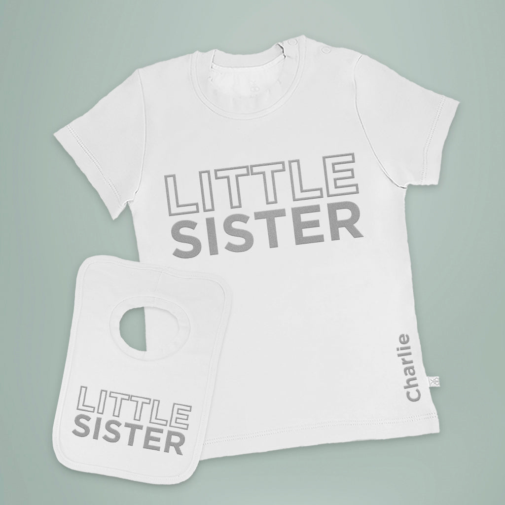 Personalized Little Sister Short Sleeve T-Shirt & Bib Gift Set - Cute Matching Outfits for Baby Girls & Toddlers - Perfect for Birthdays, Sibling Photos & Family Events