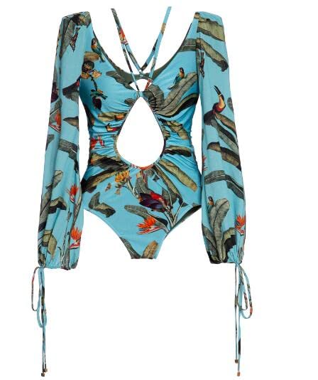 Lavender Women's Long Sleeve Push Up Bikini Swimsuit - Peacock Blue Floral Beach Print Bodysuit | Swimwear for Beach Vacation, Pool Party & Summer Water Sports (Size M)