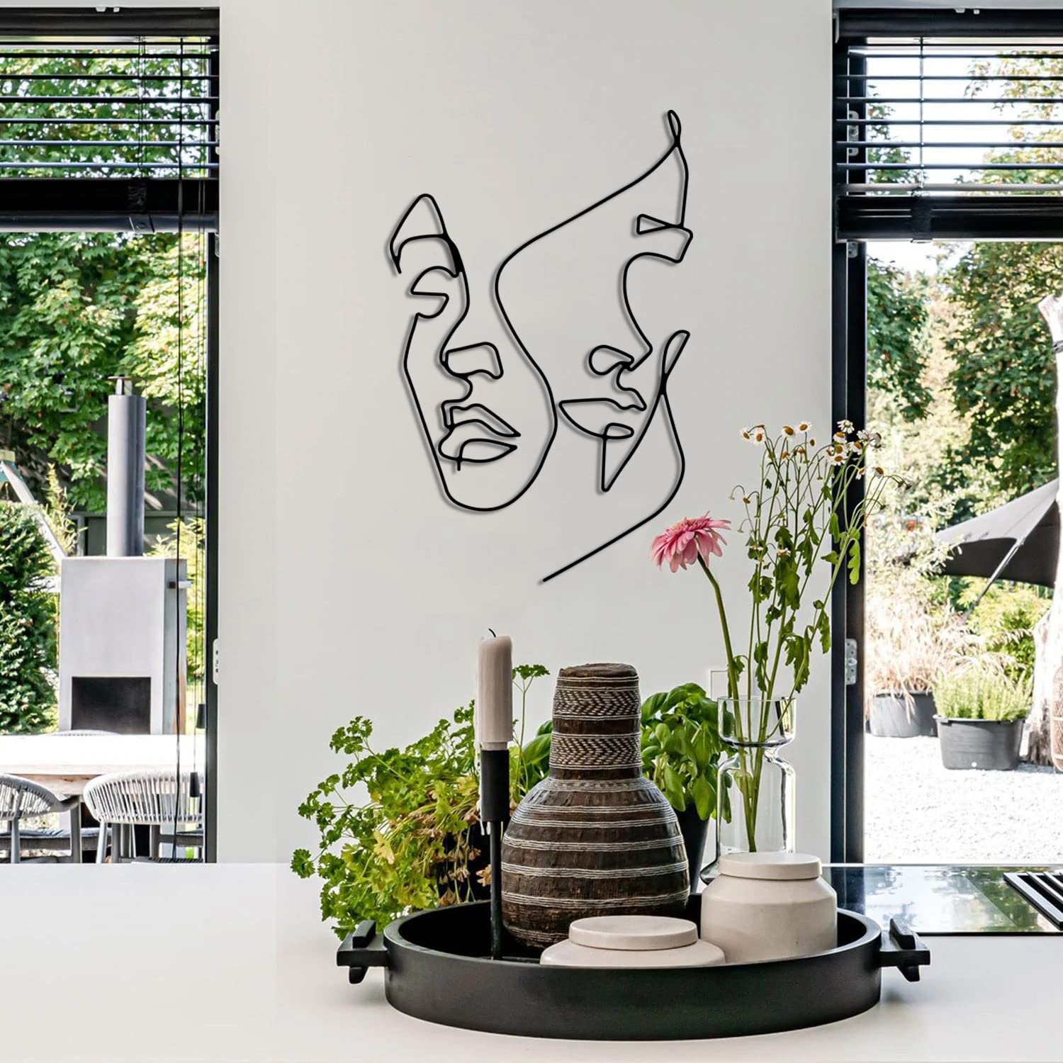 Abstract Couple Faces Line Art Metal Wall Decor - Minimalist Modern Artwork for Living Room, Bedroom & Housewarming Gift - Black (23.6