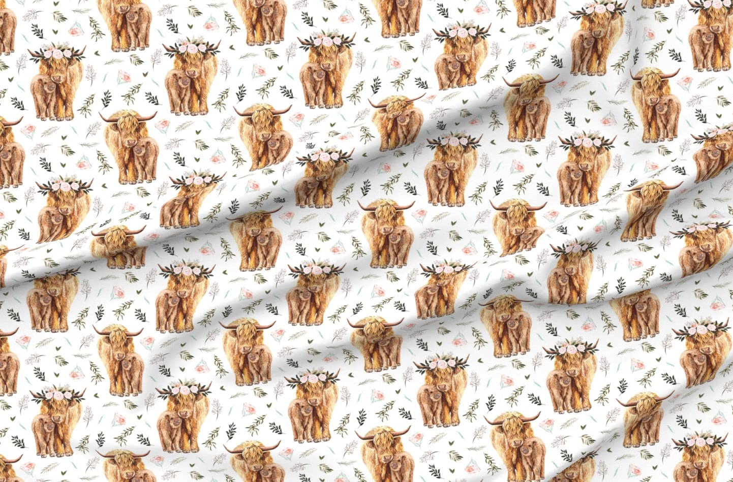 Highland Cow Scottish Shaggy Floral Baby Calf Spring Cattle Print Upholstery Velvet Fabric by The Yard - Home Decor, DIY Upholstery, Bottomweight Apparel & Fashion Accessories - Perfect for Sofa Covers, Throw Pillows, Curtains and Clothing Projects