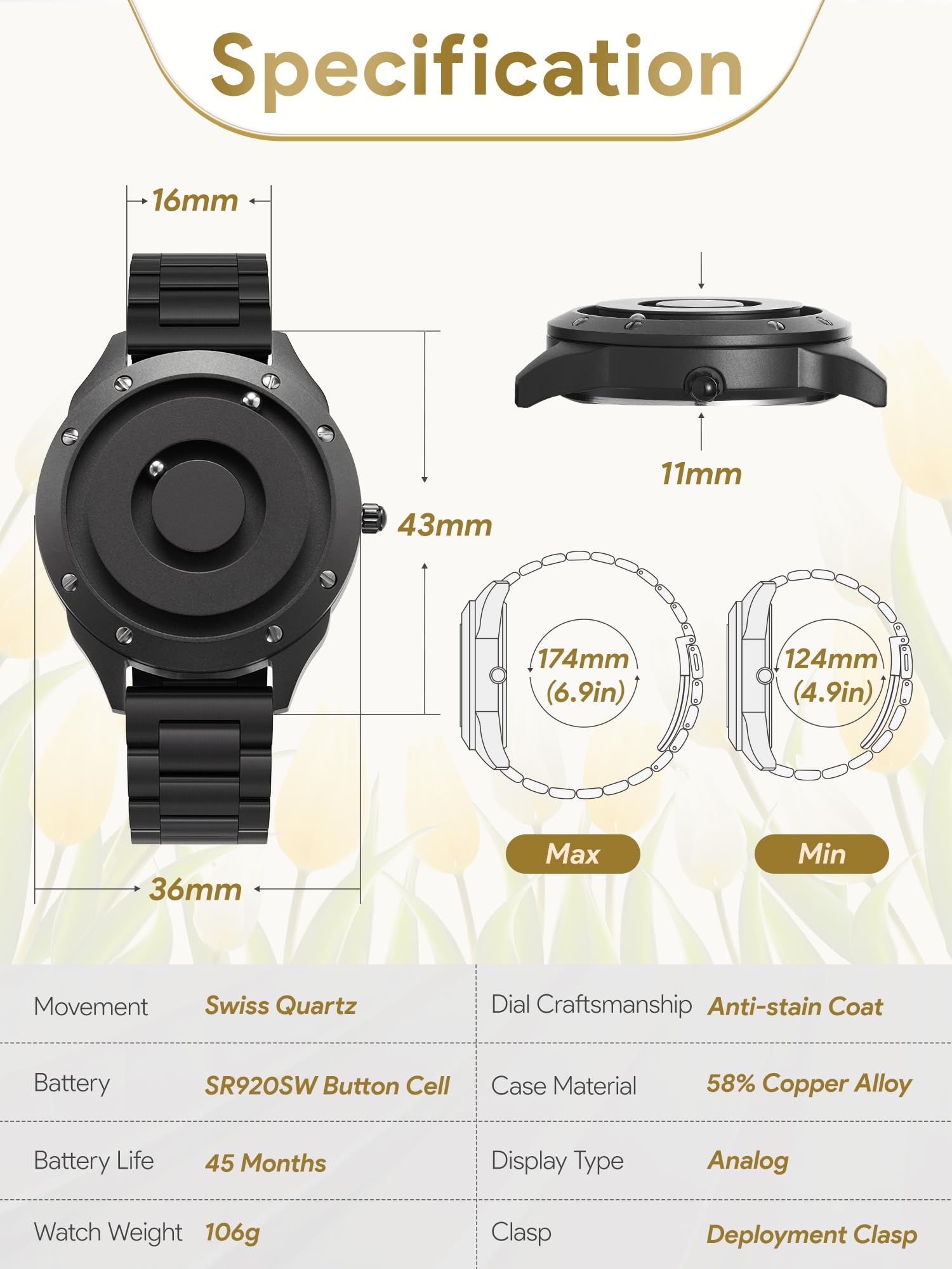 EUTOUR Magnetic Sports Watch for Men - No Glass Ball Bearing Quartz Wristwatch with Stainless Steel Strap - Perfect for Running, Gym & Outdoor Activities