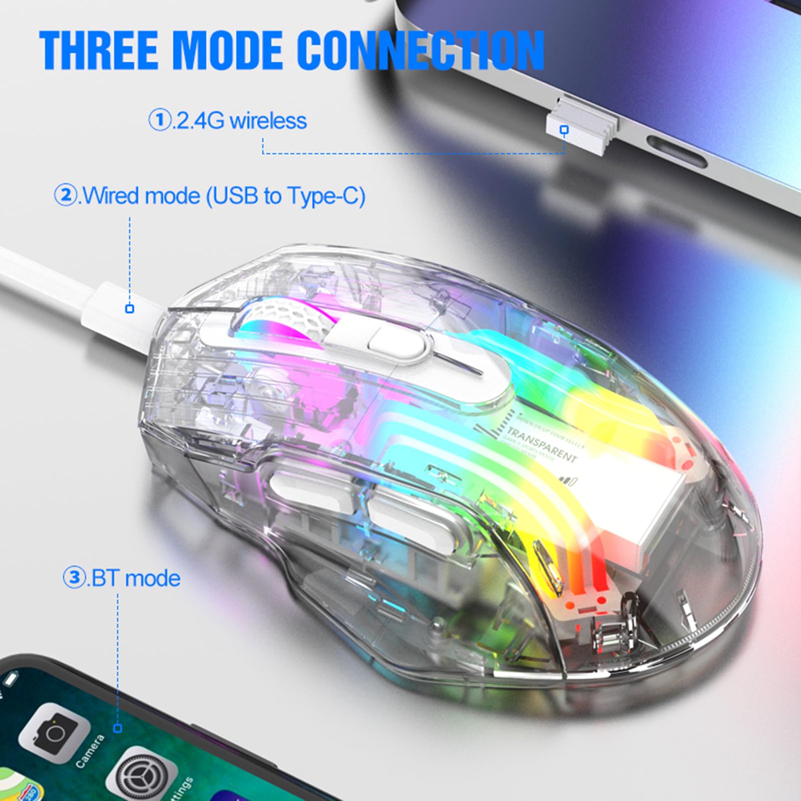 Zienstar Wireless Gaming Mouse - Transparent Crystal Shell, Tri-Mode (USB/2.4G/Bluetooth), Silent Click, Rechargeable, RGB Backlit for PC, Laptop, Mac - Perfect for Gaming, Office & Home Use