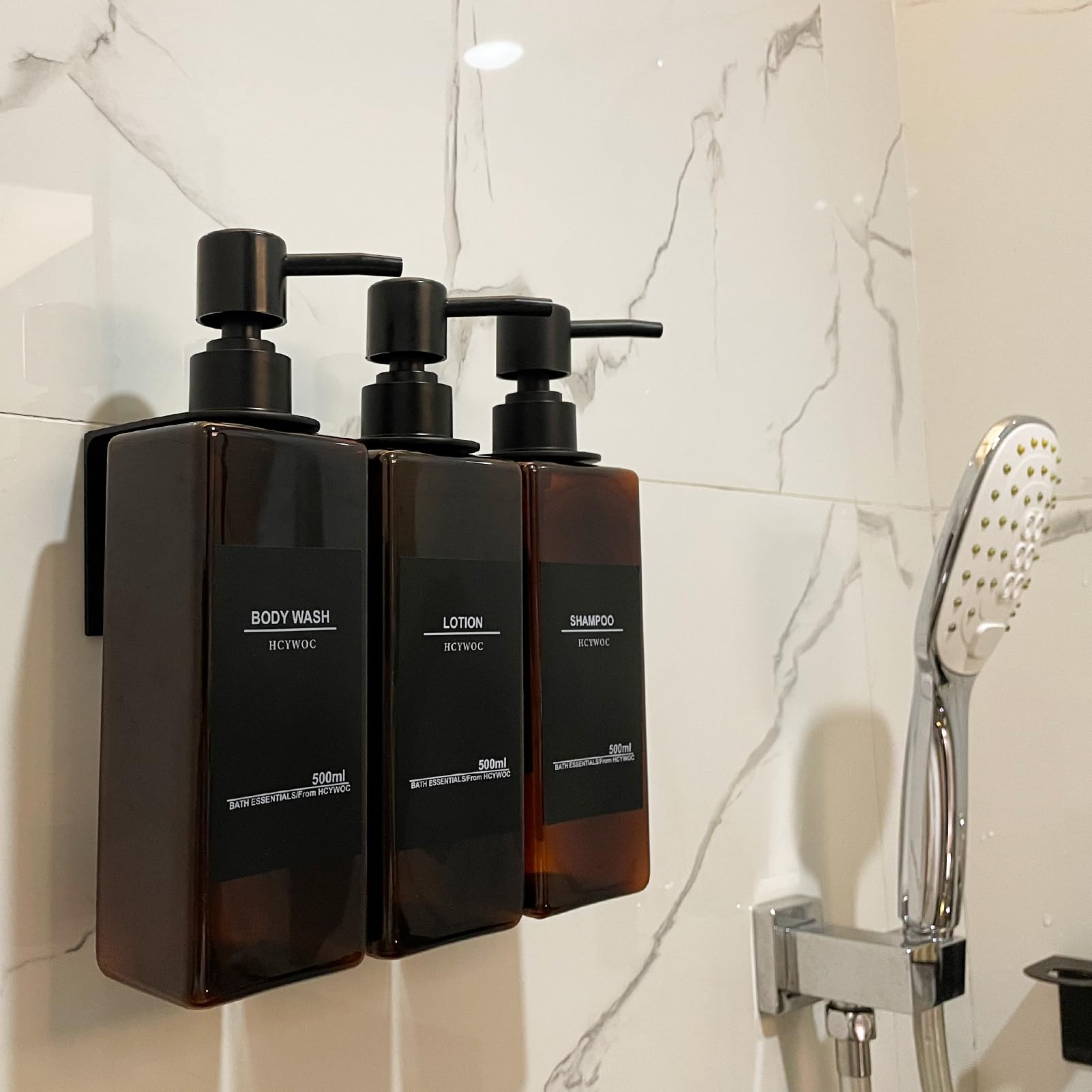 No Drill Shower Wall Mounted Shampoo & Conditioner Dispenser - 3 Chamber 17oz Black Amber, Waterproof Labels Included - Perfect for Bathroom, Gym, Spa & RV Use