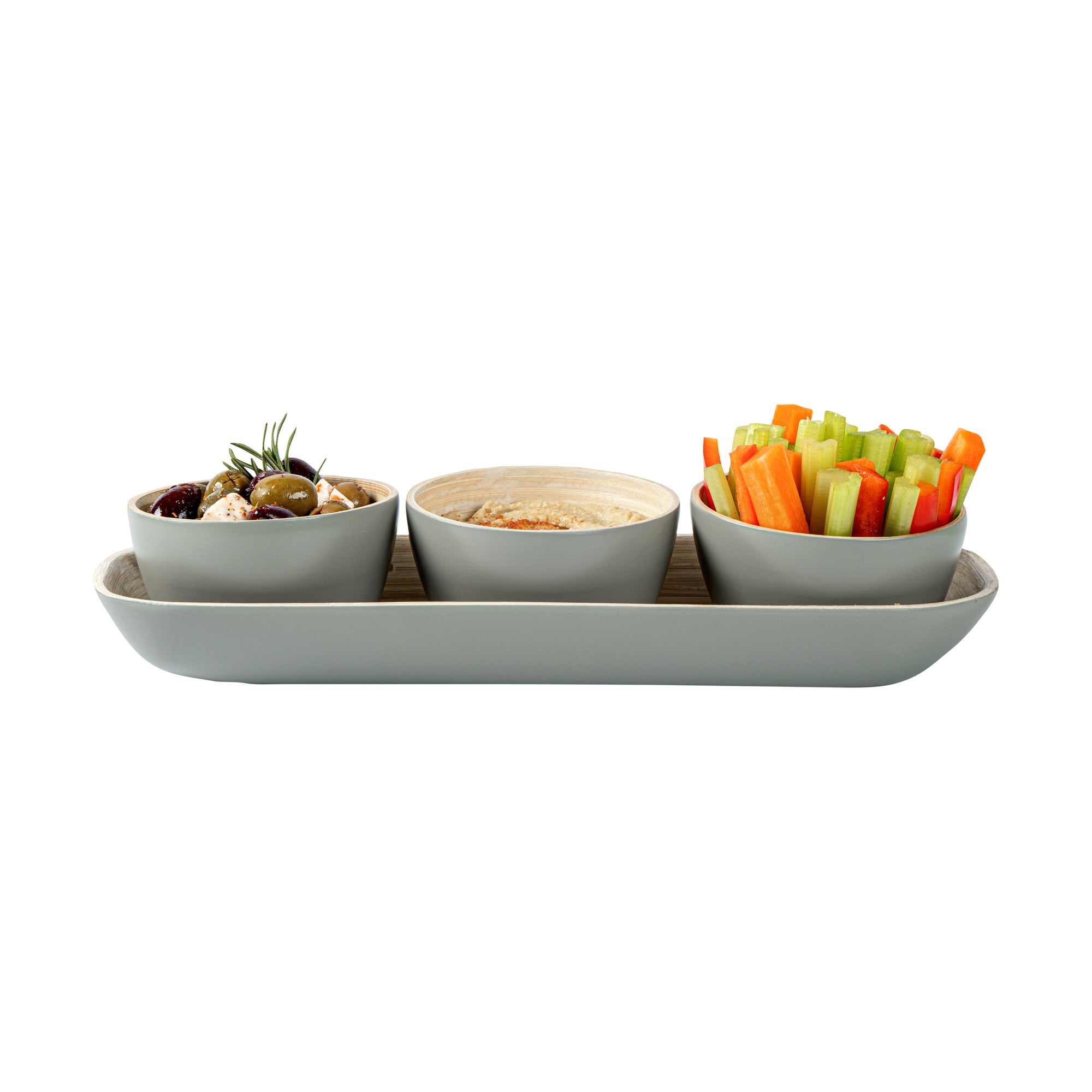 Eco-Friendly Bamboo Bowl Set with Tray - 3 Gray Bamboo Bowls (11.75