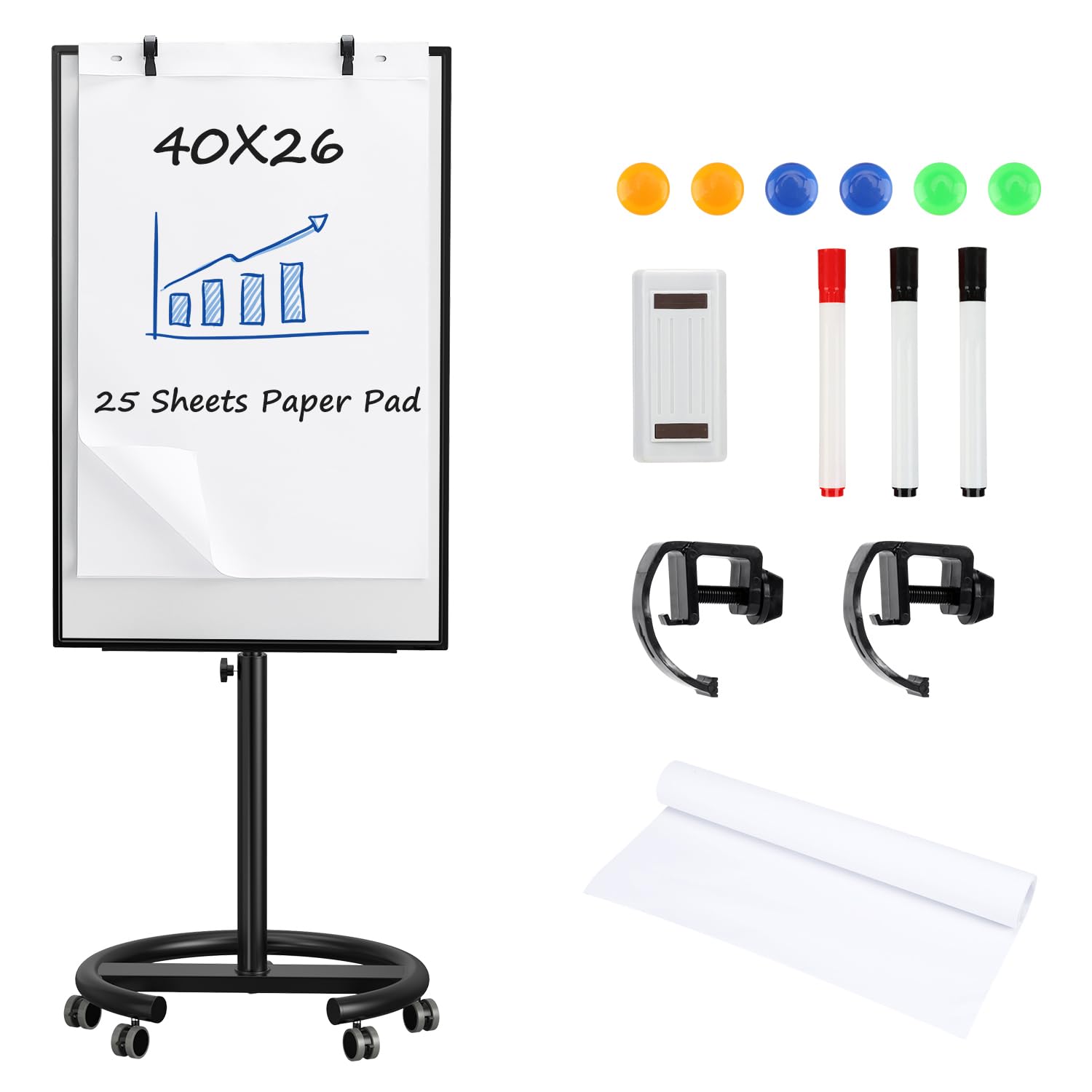 TANKEE 40 x 26 Inches Portable Magnetic Whiteboard Easel - Dry Erase Flip Chart Stand with 25-Sheet Paper Pad | Perfect for Office Meetings, Classroom Teaching & Home Organization