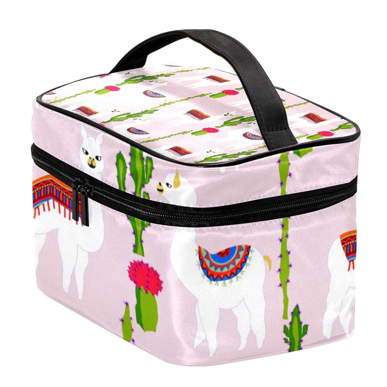 Stylish Tribal Llama Cactus Print Travel Makeup Bag - Large Cosmetic Organizer with Zipper for Women & Girls | Perfect for Vacation, Gym, Beach & Daily Essentials Storage (Green & Pink Pattern)