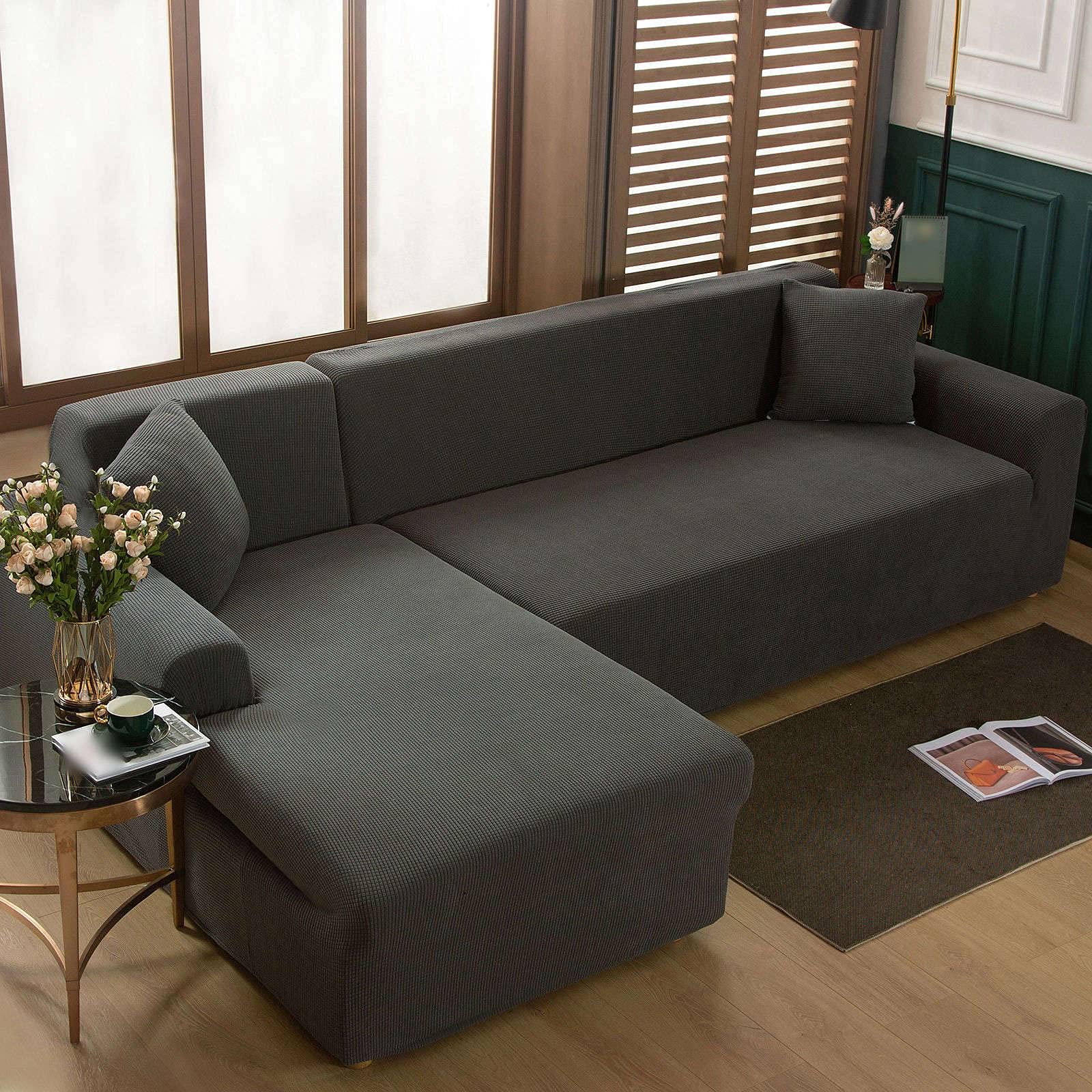 HALOUK Stretch L-Shaped Sofa Cover - 2-Piece Jacquard Spandex Sectional Couch Slipcover, Furniture Protector for Living Room (Dark Gray, Fits 4+4 Seater) - Perfect for Pet Owners & Family Gatherings