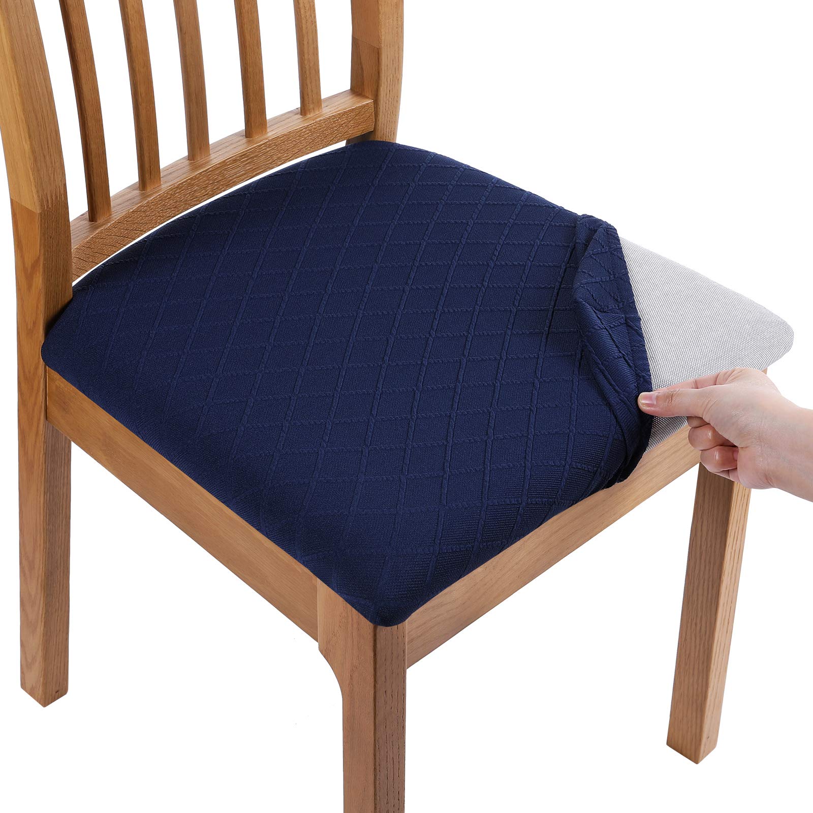 Smiry Stretch Checkered Jacquard Dining Room Chair Seat Covers with Buckle - Set of 4, Navy Blue - Waterproof & Anti-Slip Seat Protectors for Home, Restaurant, and Office Use
