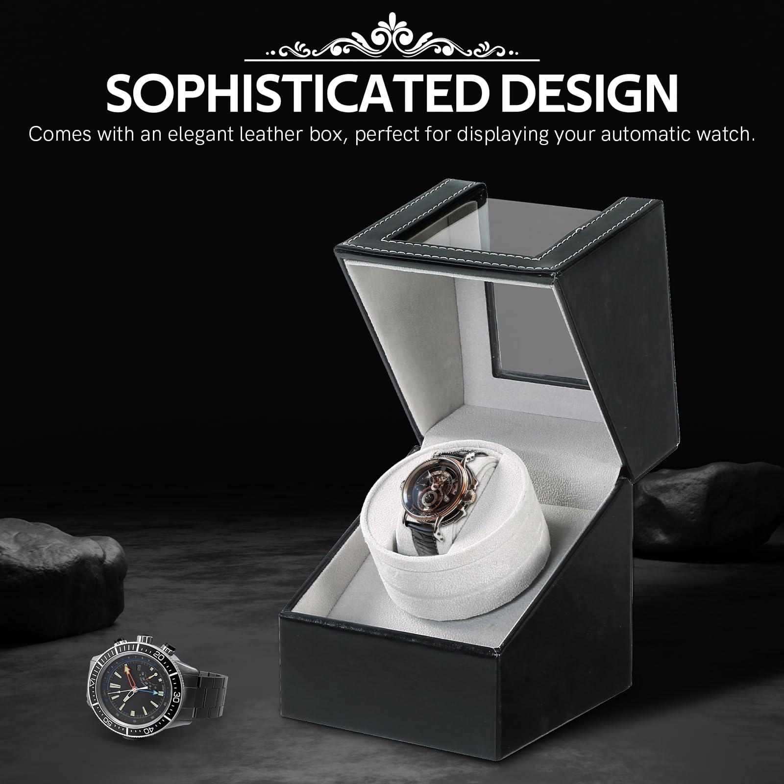 Premium Automatic Single Watch Winder - Black Leather Case with Ultra Quiet Motor for Men & Women | AC/Battery Powered Watch Storage Display Box | Perfect for Home, Office & Travel Use