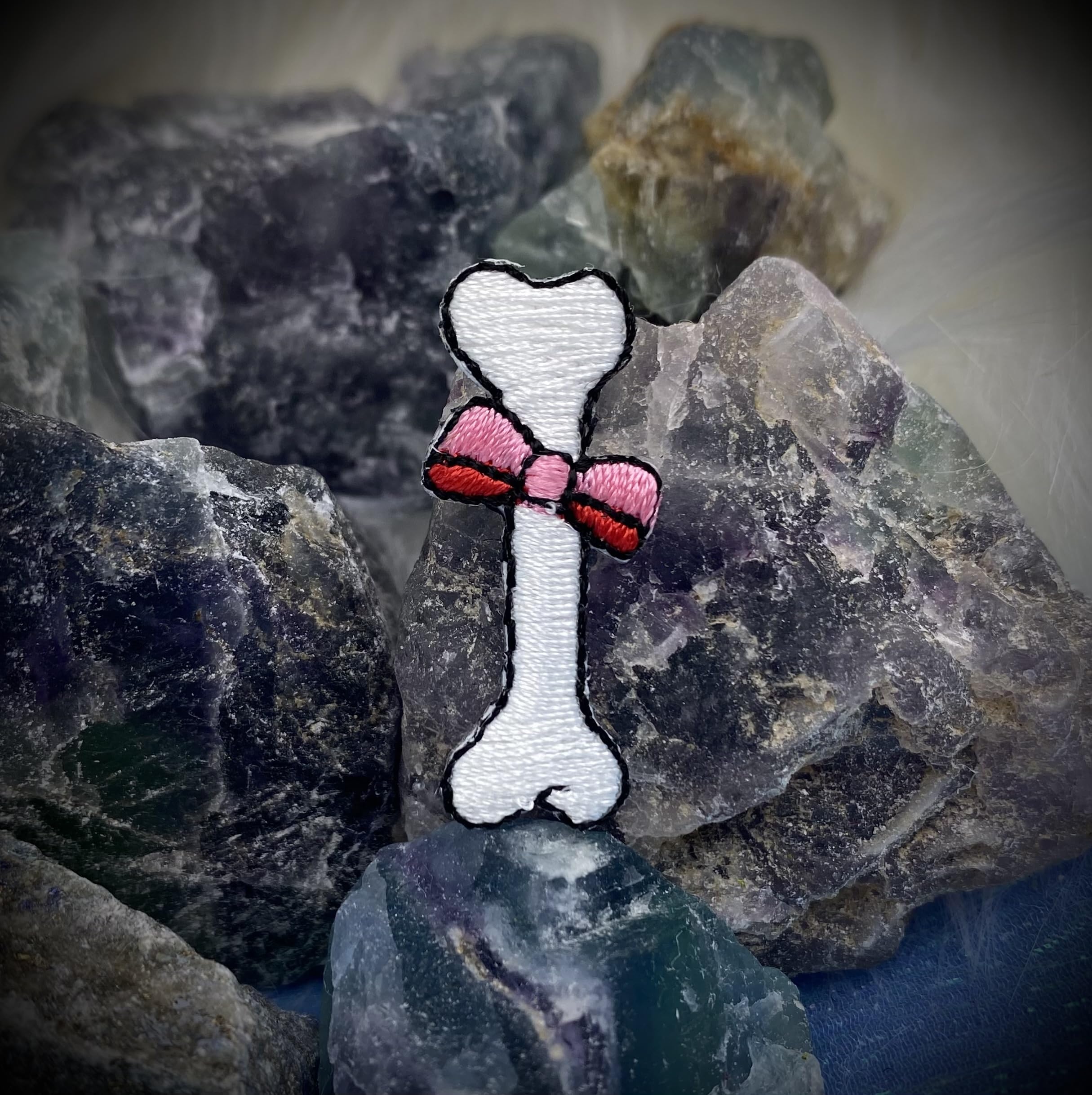White Dog Bone with Pink Bow Embroidered Iron-On Patch for Pets - Perfect for DIY Pet Clothes, Costumes & Accessories
