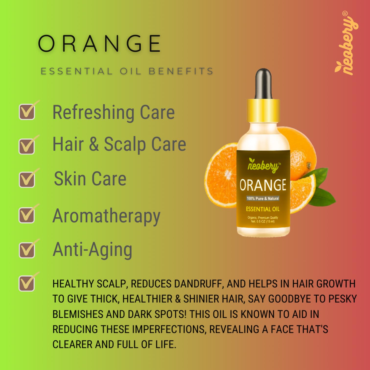 Neobery 100% Pure Orange Essential Oil - 15ml, Natural & Undiluted for Aromatherapy, Diffusers & DIY Skincare