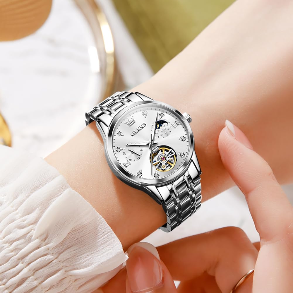 OLEVS Automatic Women's Watches with Diamond Tourbillon, Moon Phase & Luminous - Waterproof Dress Wristwatch for Business, Party & Formal Occasions