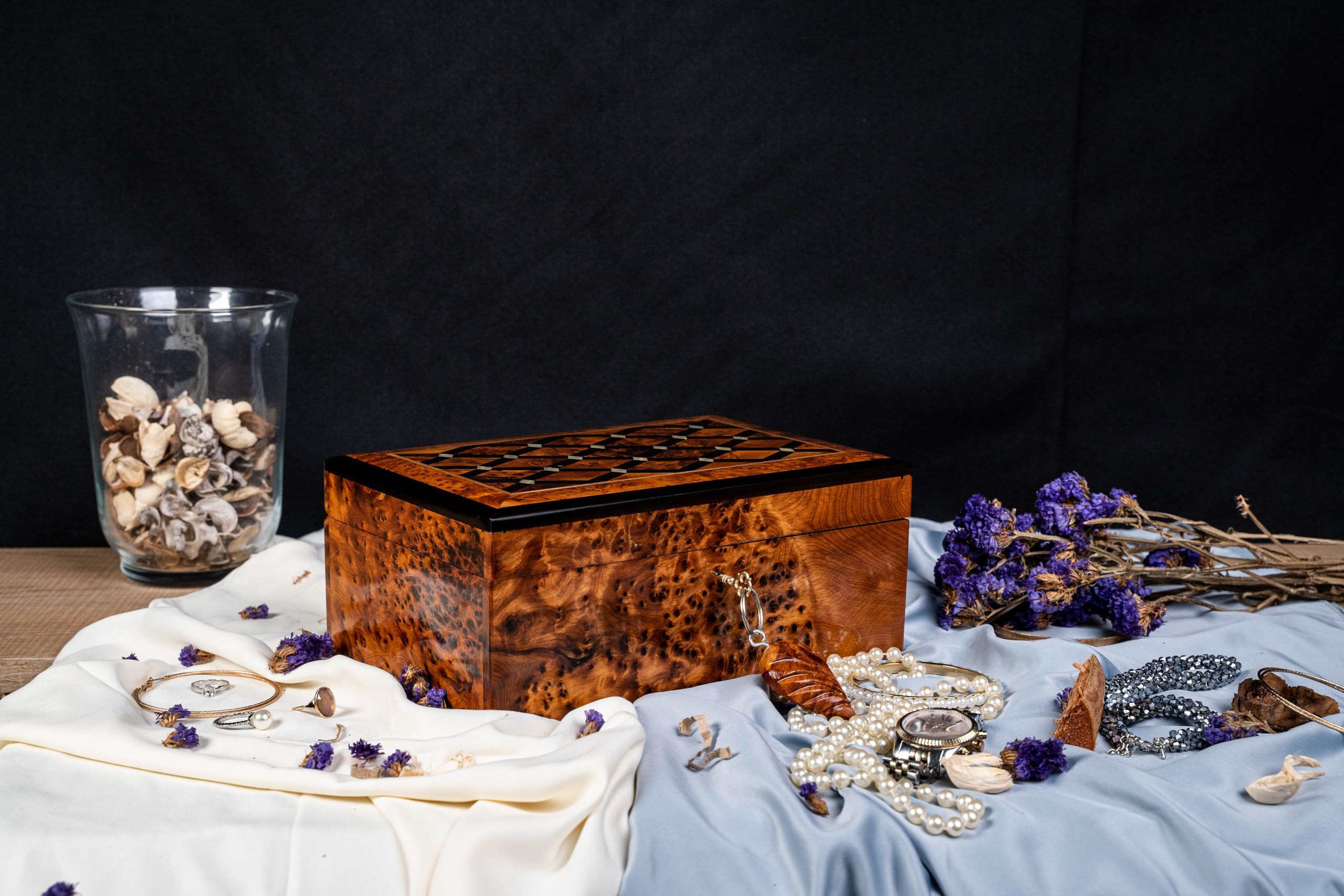 Hand Carved Wooden Jewelry Box - Thuya Burl & Ebony Wood Inlaid with Mother of Pearl - Large Antique Keepsake Storage Box with Lock - Perfect for Organizing Jewelry, Valuables & Home Decor