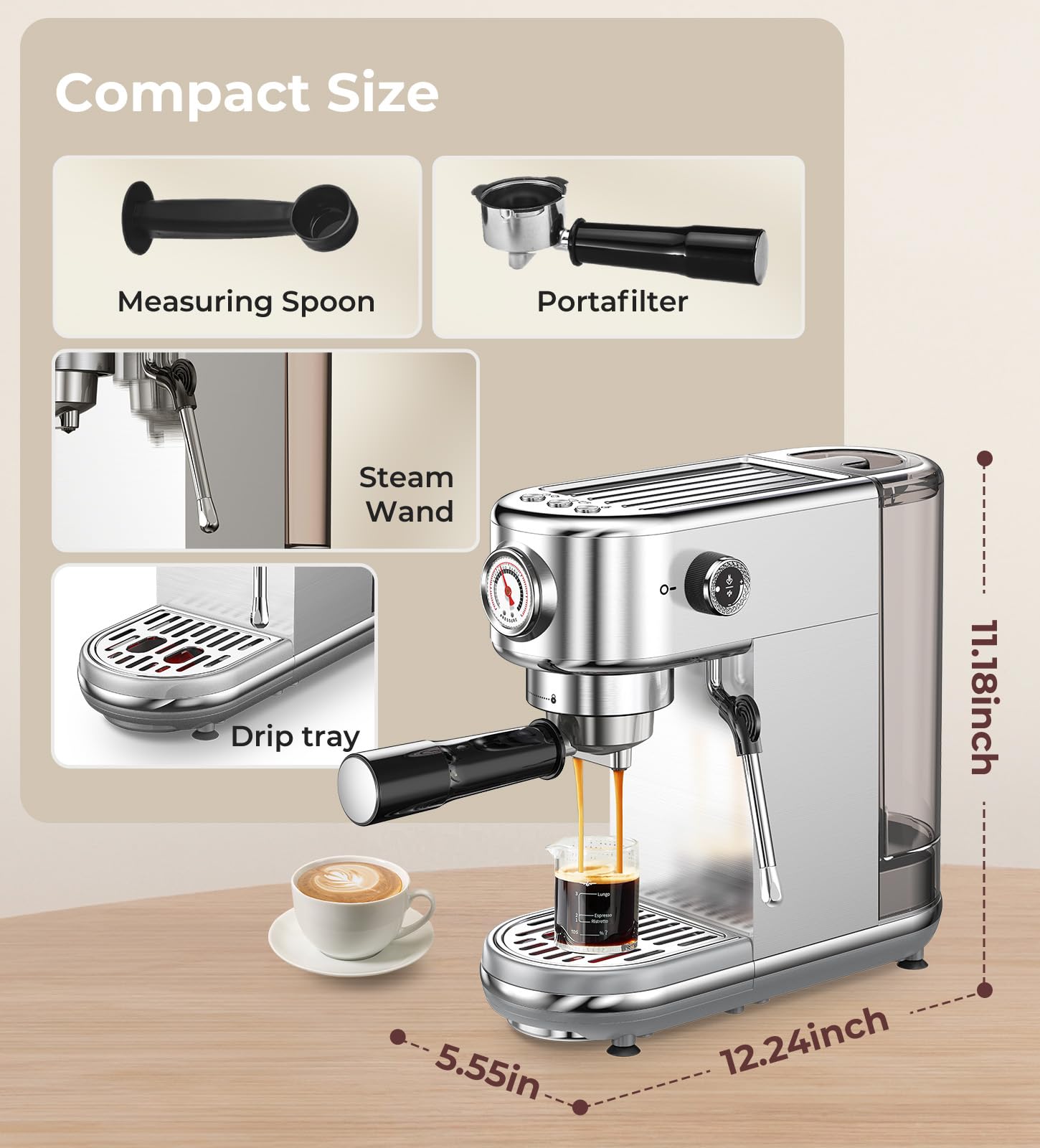 Professional 20 Bar Espresso Machine with Milk Frother - Compact Stainless Steel Coffee Maker for Cappuccino & Latte - Perfect Gift for Coffee Lovers (Silver) | Ideal for Home, Office & Coffee Shops
