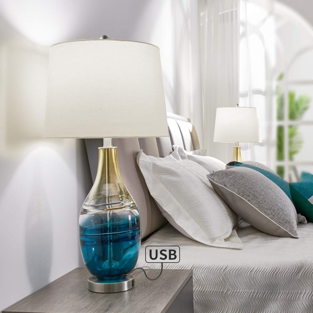 Modern Glass Table Lamps Set of 2 with USB Charging Port - 3-Way Dimmable Nightstand Lights for Bedroom & Living Room - ETL Certified Bedside Lamps with White Shade in Blue & Gold Finish - Perfect for Reading, Relaxing and Charging Devices