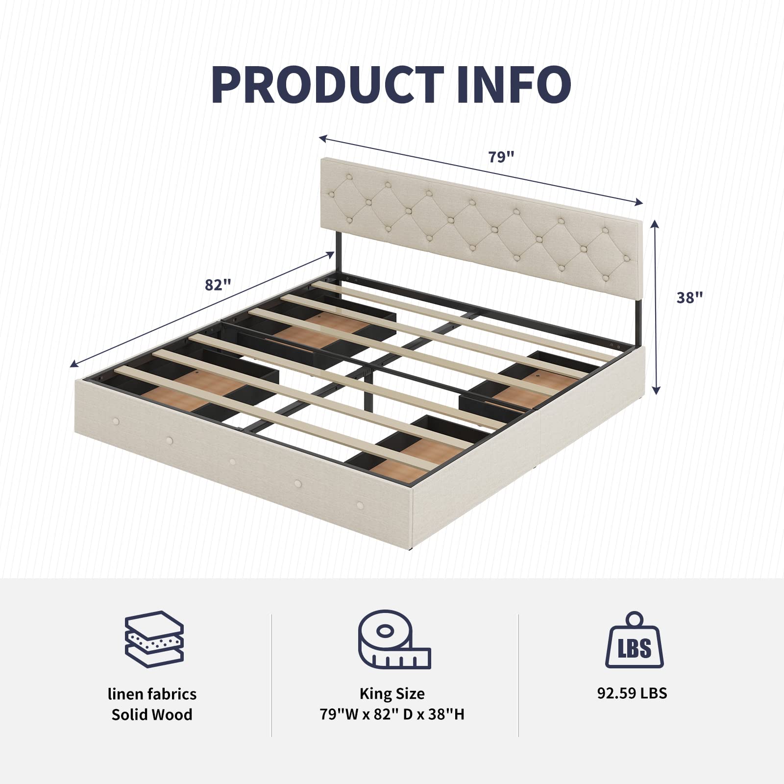 Platform King Bed Frame with Linen Fabric Headboard & 4 Storage Drawers - Diamond Stitched Button Tufted Design, Wooden Slats Support, No Box Spring Needed (Beige) - Perfect for Master Bedroom, Guest Room & Small Space Organization
