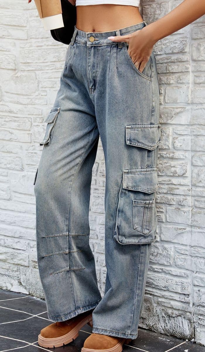 Women's High Waisted Denim Cargo Pants - Y2K Baggy Jeans with Multiple Pockets | Wide Leg Casual Loose Trousers for Streetwear & Everyday Outfits