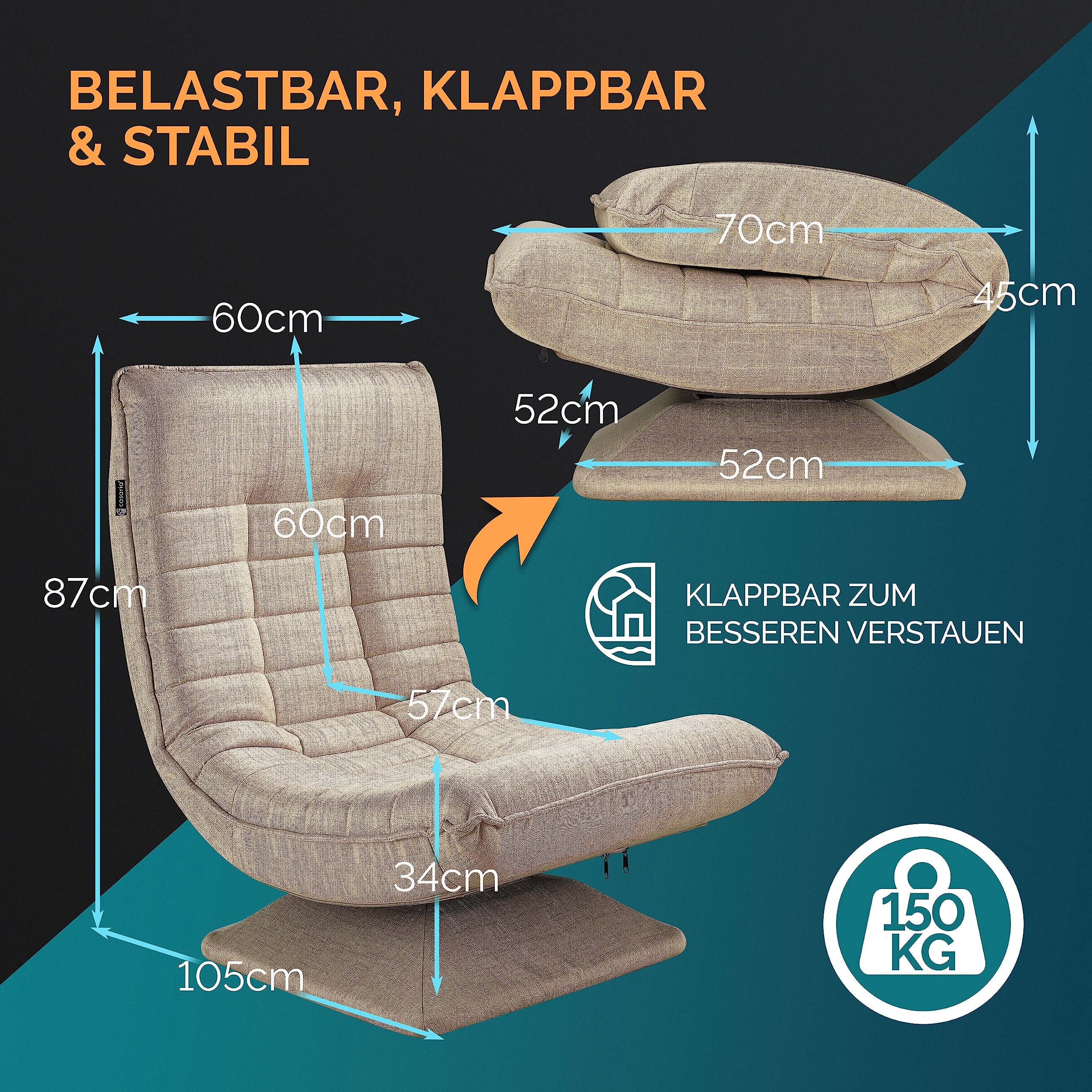 CASARIA® Adjustable Backrest 360° Swivel Floor Chair - Foldable Cream Upholstered Lounge Chair, Supports Up to 150kg (60x105x87cm) - Perfect for Living Rooms, Bedrooms & Small Spaces