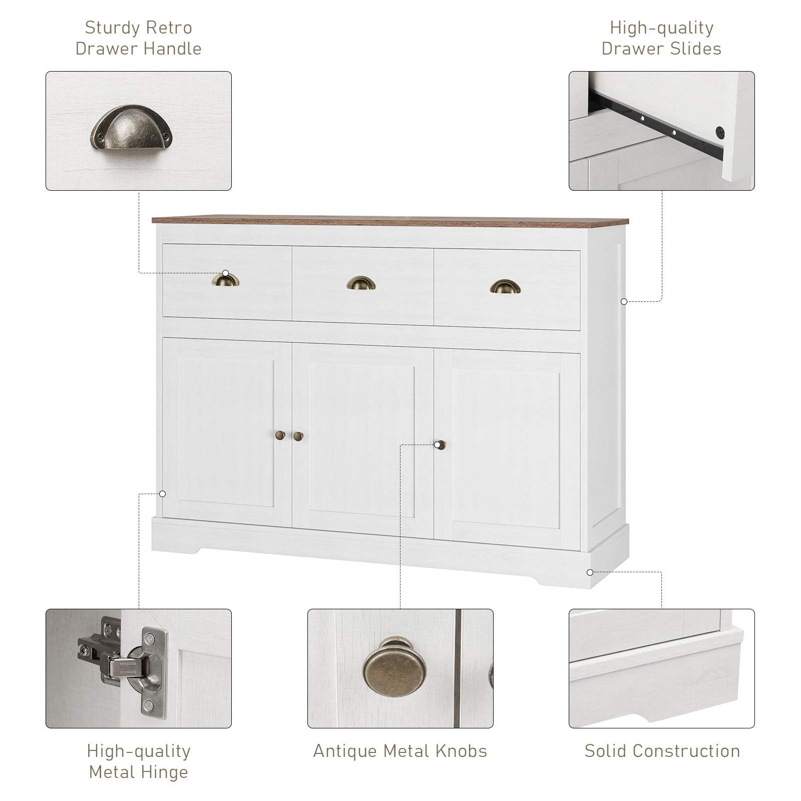Farmhouse Style Buffet Cabinet with 3 Drawers & 3 Doors - Adjustable Shelves Kitchen Storage Sideboard, Wine Bar Console Table for Dining & Living Room - Antique White Finish | Perfect for Dining Room Storage, Kitchen Organization & Home Decor
