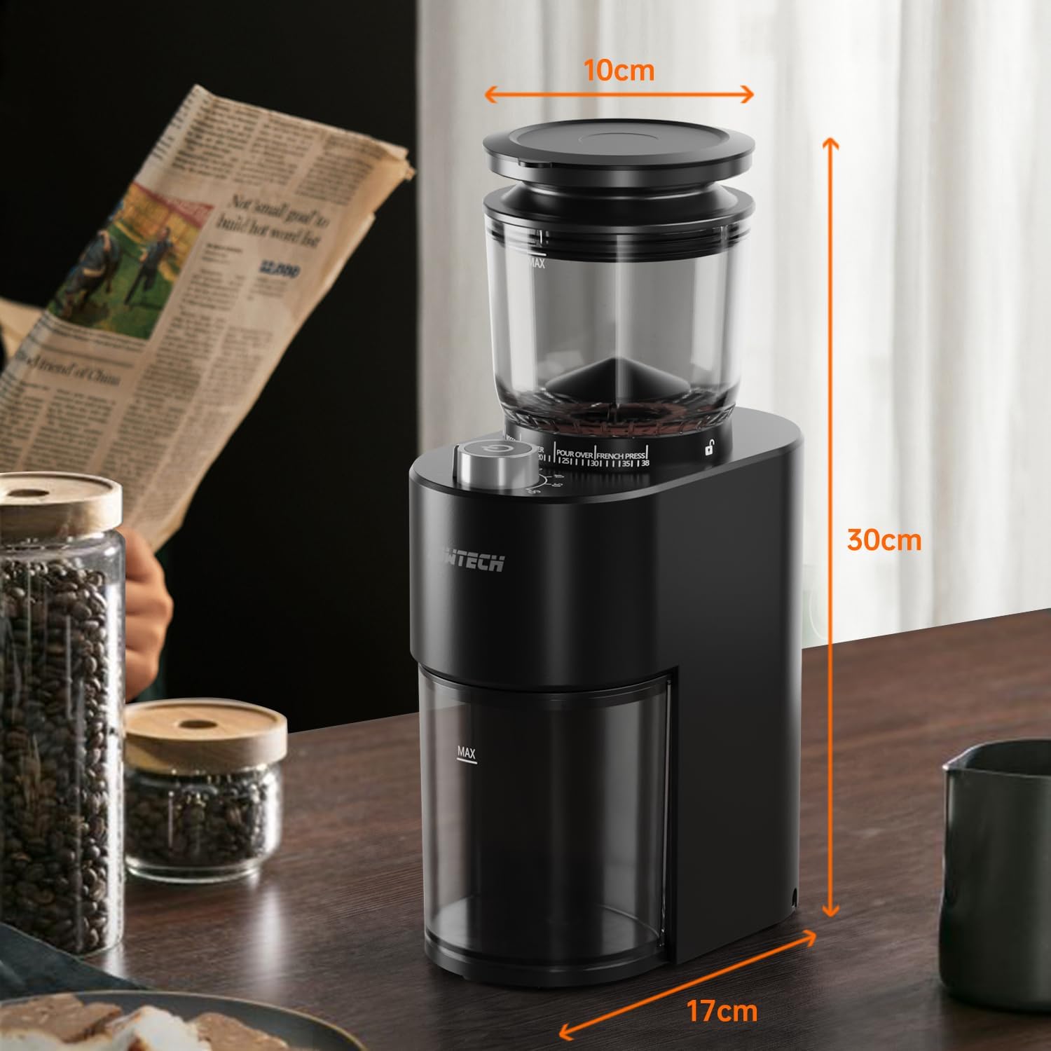Premium Anti-Static Conical Burr Coffee Grinder - Adjustable Electric Mill with 38 Precise Grind Settings & Precision Timer - Perfect for Espresso, Drip Coffee, French Press & Cold Brew - Ideal for Home Baristas & Coffee Enthusiasts - Black