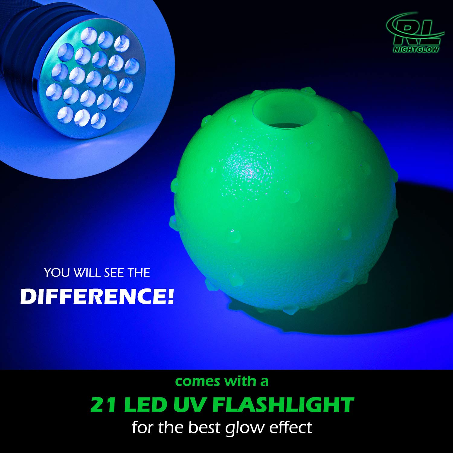 Glow in The Dark Dog Balls - 2 Pack LED Light Up Fetch Toys for Large & Small Dogs with 21 LED UV Flashlight for Night Play - Perfect for Backyard, Park & Beach Outdoor Activities (2.5 Inch)