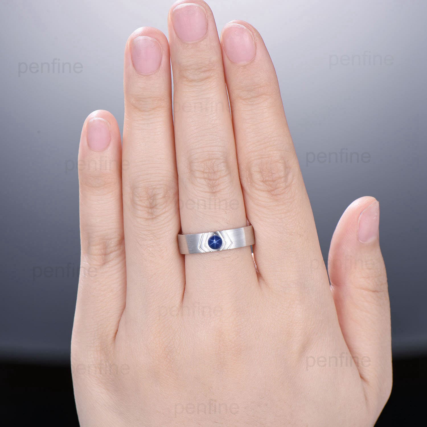 6mm Men's Star Sapphire Ring - Retro Brushed Finish Solitaire Wedding Band in 14K Solid White Gold - Unique Matching Band Gift for Him - Perfect for Anniversaries, Engagements & Special Occasions