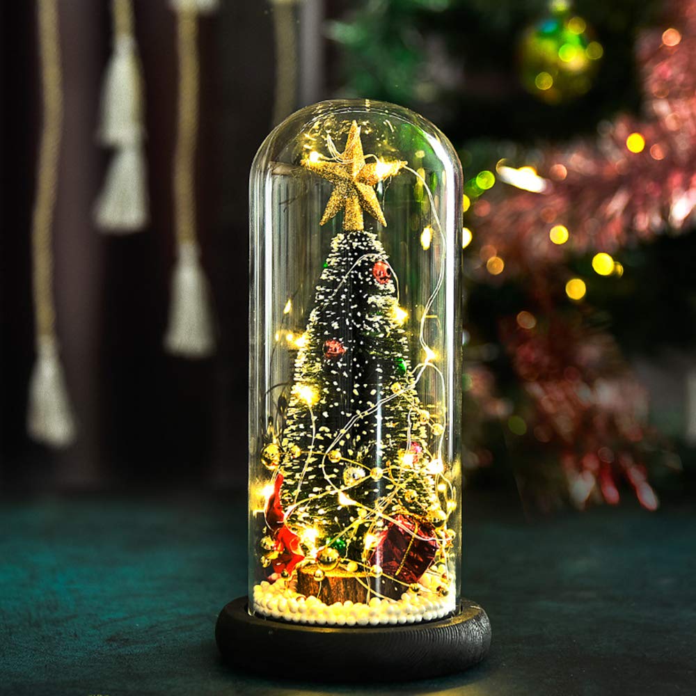 ALLOMN Christmas Tree LED Night Light with Glass Cover - Xmas Desktop Decor for Home, Party & Holiday Decorations - Perfect for Bedroom, Living Room, and Office Decor