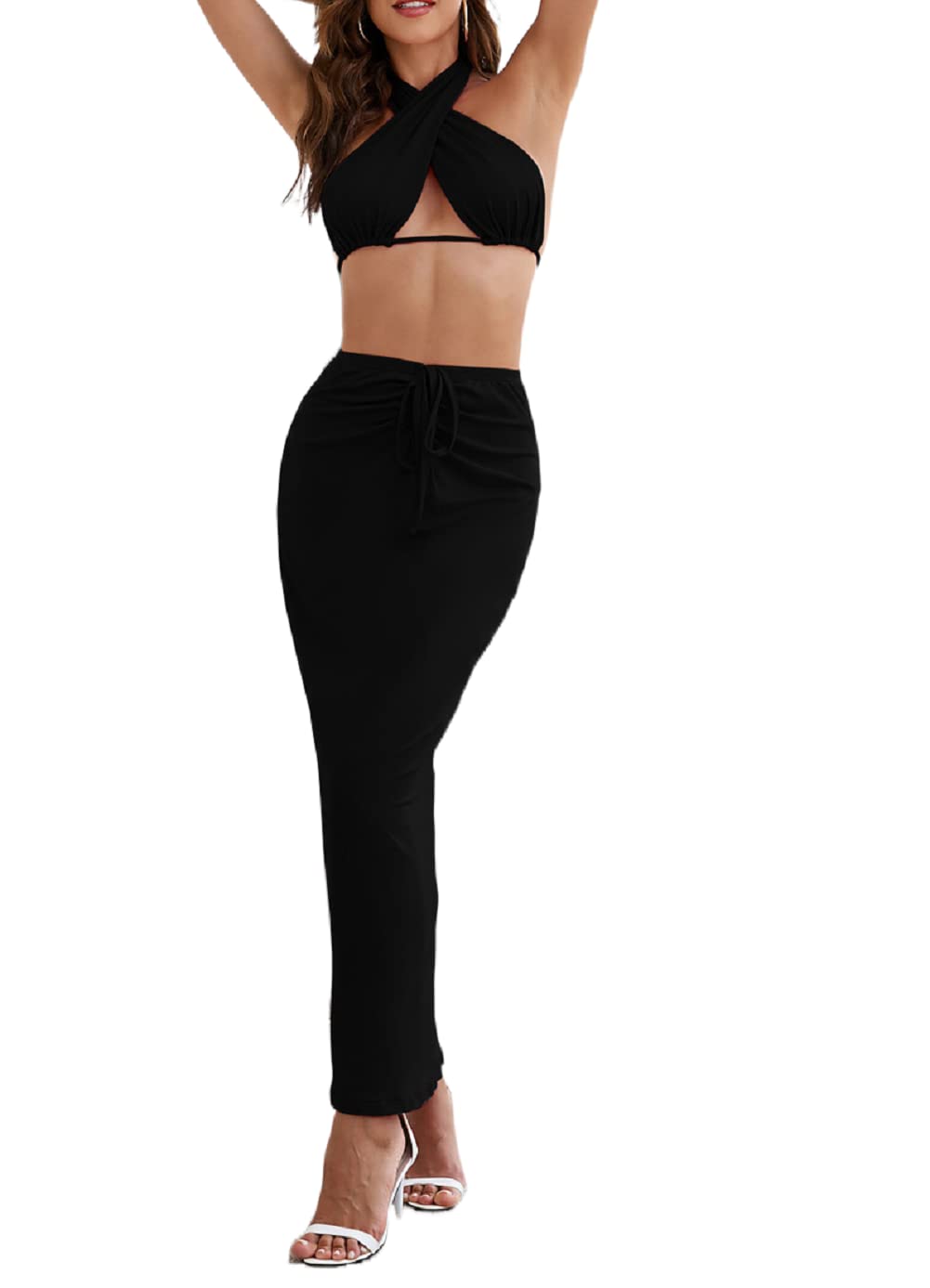 Sexy Women's Summer Two Piece Outfit - Criss Cross Halter Crop Top & High Slit Maxi Skirt Beach Dress Set | Perfect for Beach Vacations, Pool Parties & Summer Date Nights