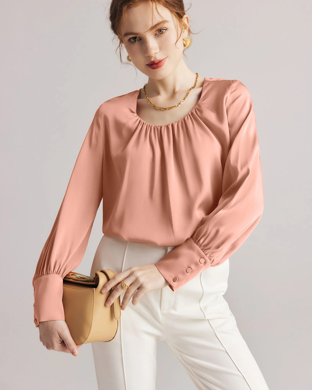 Elegant Pleated Round Neck Silk Blouse for Women | Soft & Breathable Luxury Shirt | Perfect for Office Wear, Date Night & Special Occasions