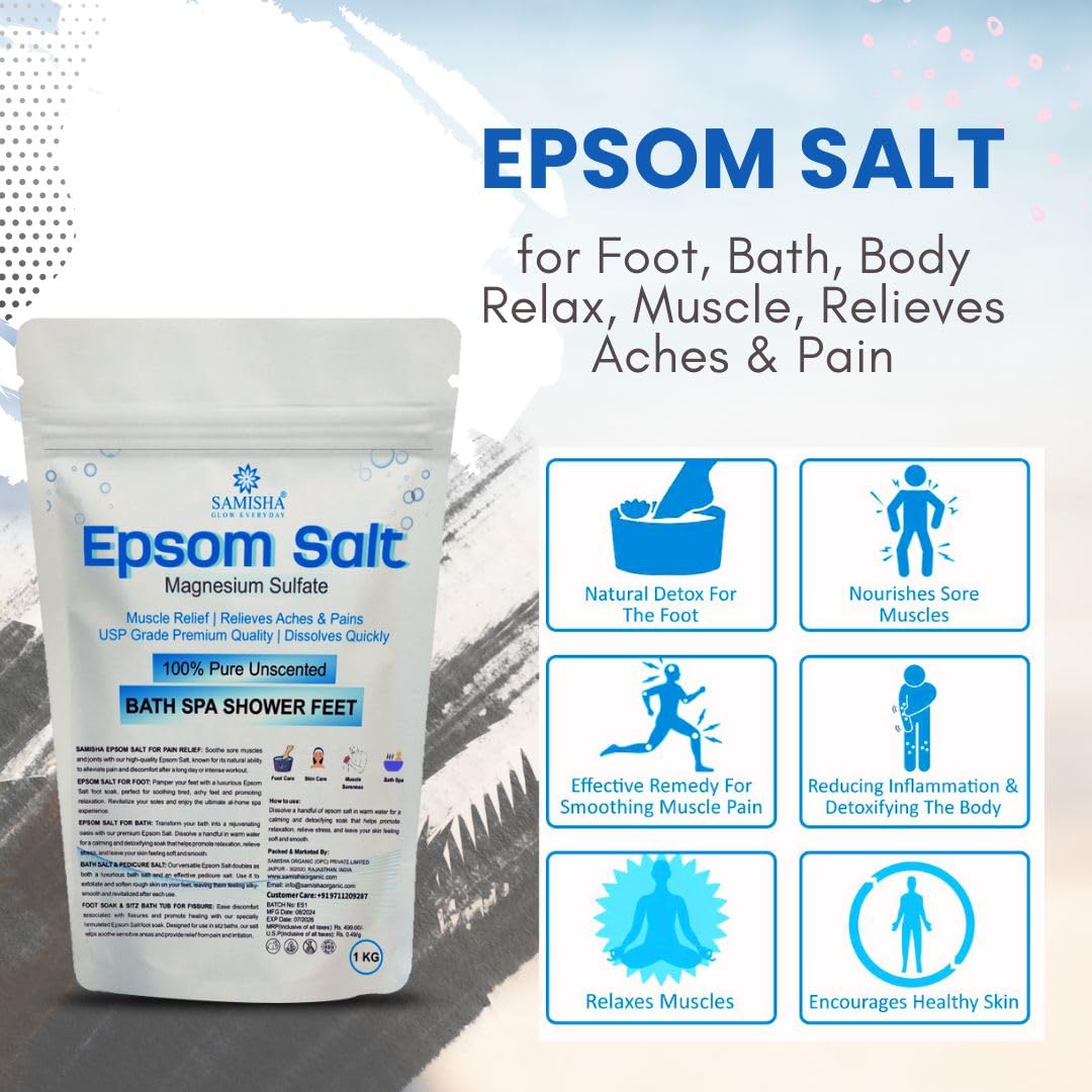 SAMISHA Epsom Salt for Pain Relief & Muscle Relaxation - Magnesium Sulfate Bath & Foot Soak - Unscented Bathing Salt for Relaxing Showers, Spa, and Post-Workout Recovery (Pack of 1)