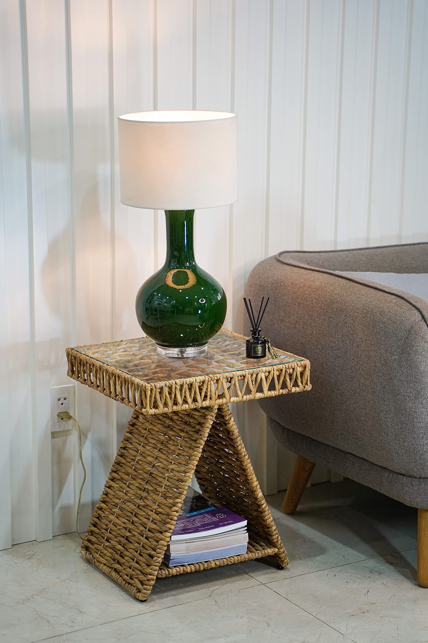 Geometric Square Triangle Woven Water Hyacinth End Table with Tempered Glass Top & Shelf - Natural Fiber Side Table for Living Room, Bedroom, or Office - Modern Boho Home Decor Accent Table (Model H122336)