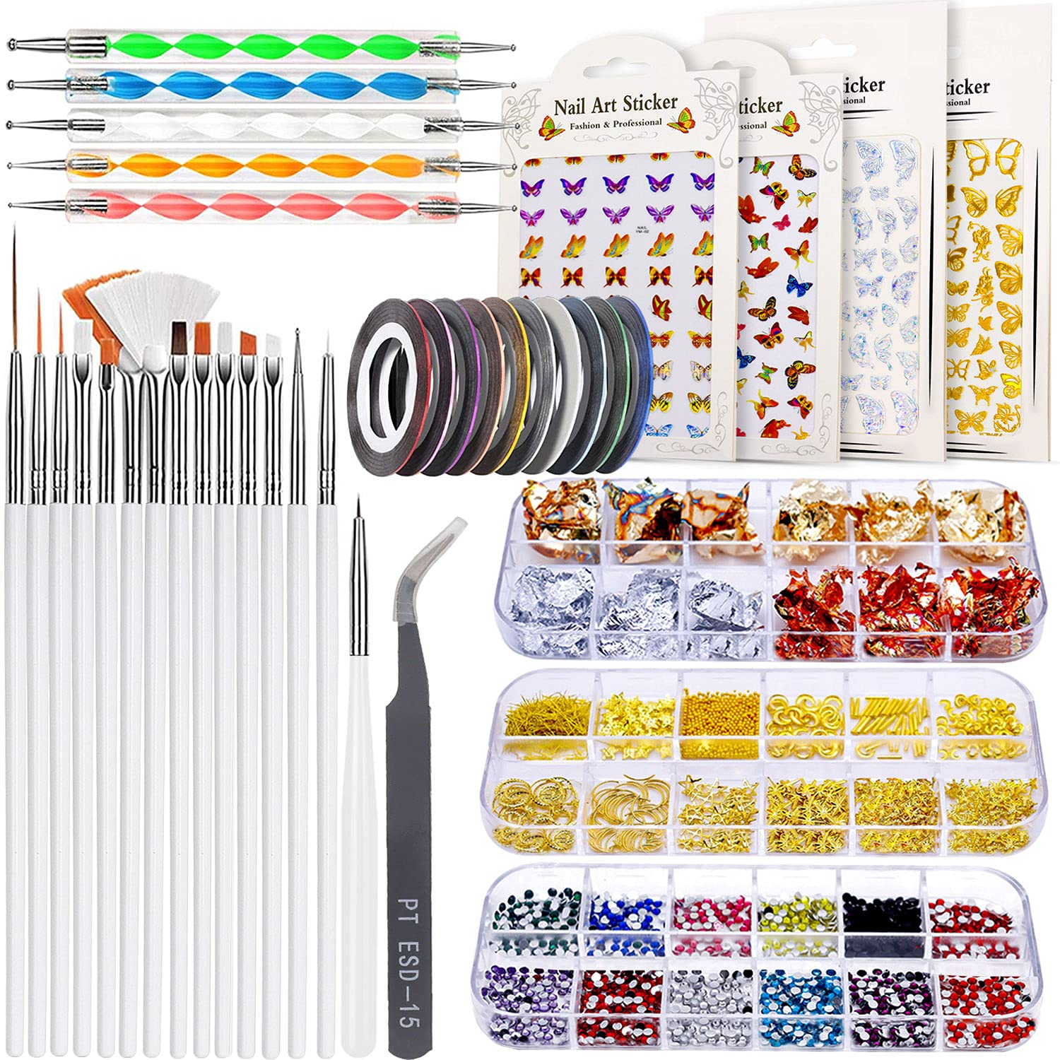 Professional Nail Art Brushes Kit with Dotting Tools, Holographic Stickers, Foil Tape, Rhinestones & Tweezers - Perfect for DIY Manicures, Nail Extensions & Salon Quality Nail Designs