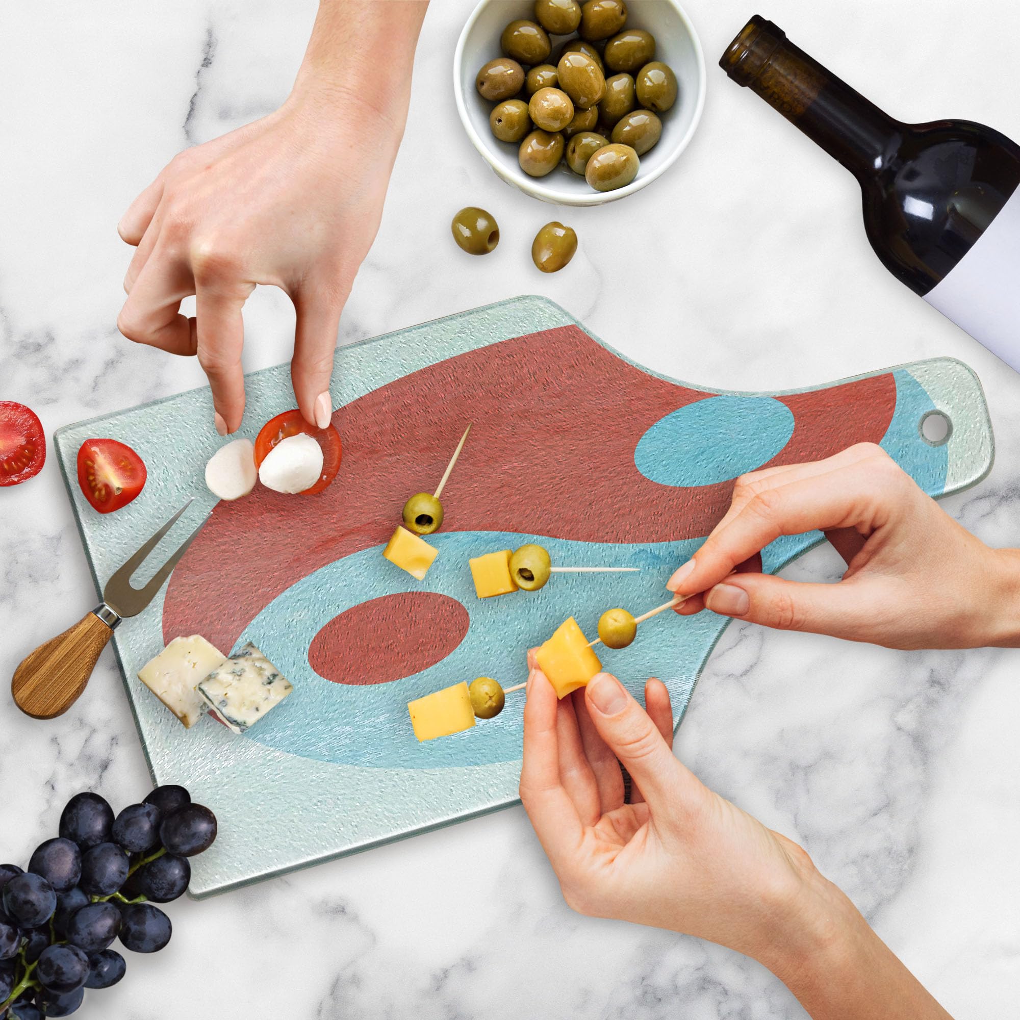 Ambesonne Yin Yang Cutting Board - Watercolor Painting Style Asian Art Culture Theme, Tempered Glass Serving Board for Kitchen & Dining, Wine Bottle Shape in Red Blue White - Perfect for Sushi, Cheese & Charcuterie Display