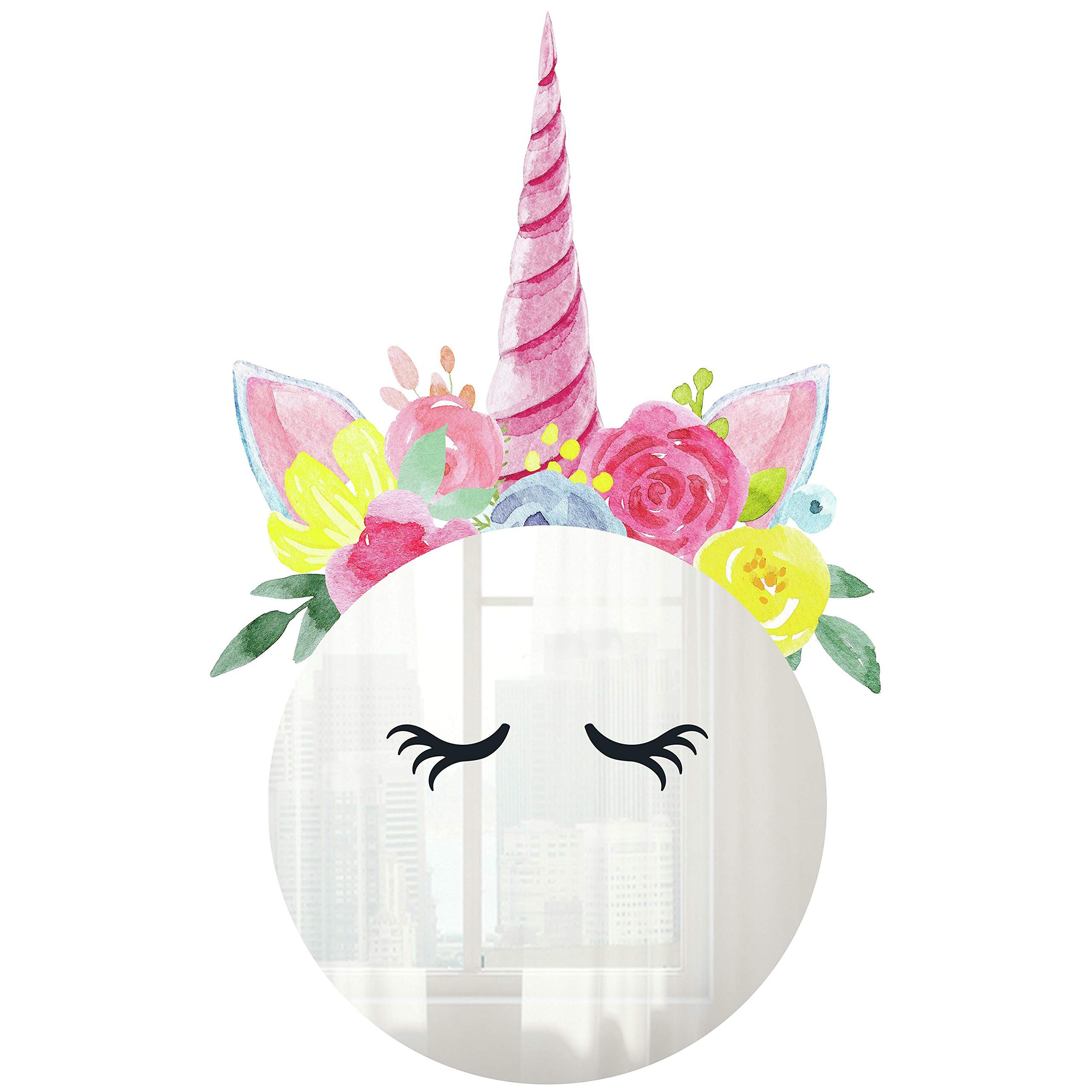 RoomMates RMK4204BX Floral Unicorn Peel and Stick Wall Decal with Mirror - Self-Adhesive Wall Stickers for Kids Bedroom, Nursery, Playroom Decor