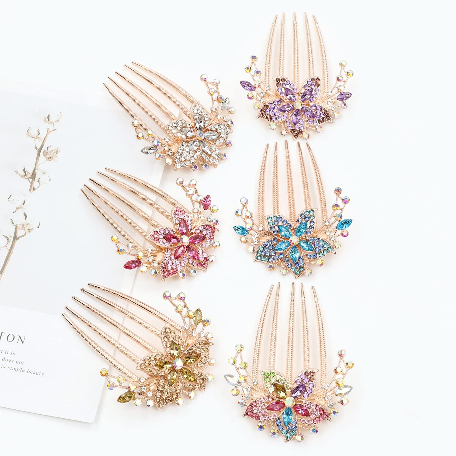 Luxury 6 Pack Glitter Rhinestone Hair Clips with Teeth - Gold Metal Crystal Flower Hairpins for Women & Girls - Perfect for Weddings, Parties, and Updos