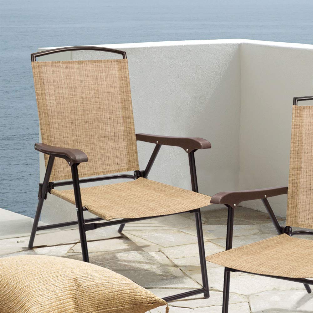 Devoko 2-Pack Folding Sling Chairs for Patio, Deck, Camping, Garden, Pool & Beach - Space Saving Outdoor Lounge Chairs (Beige) | Perfect for Backyard Relaxation, Picnics & Summer Gatherings