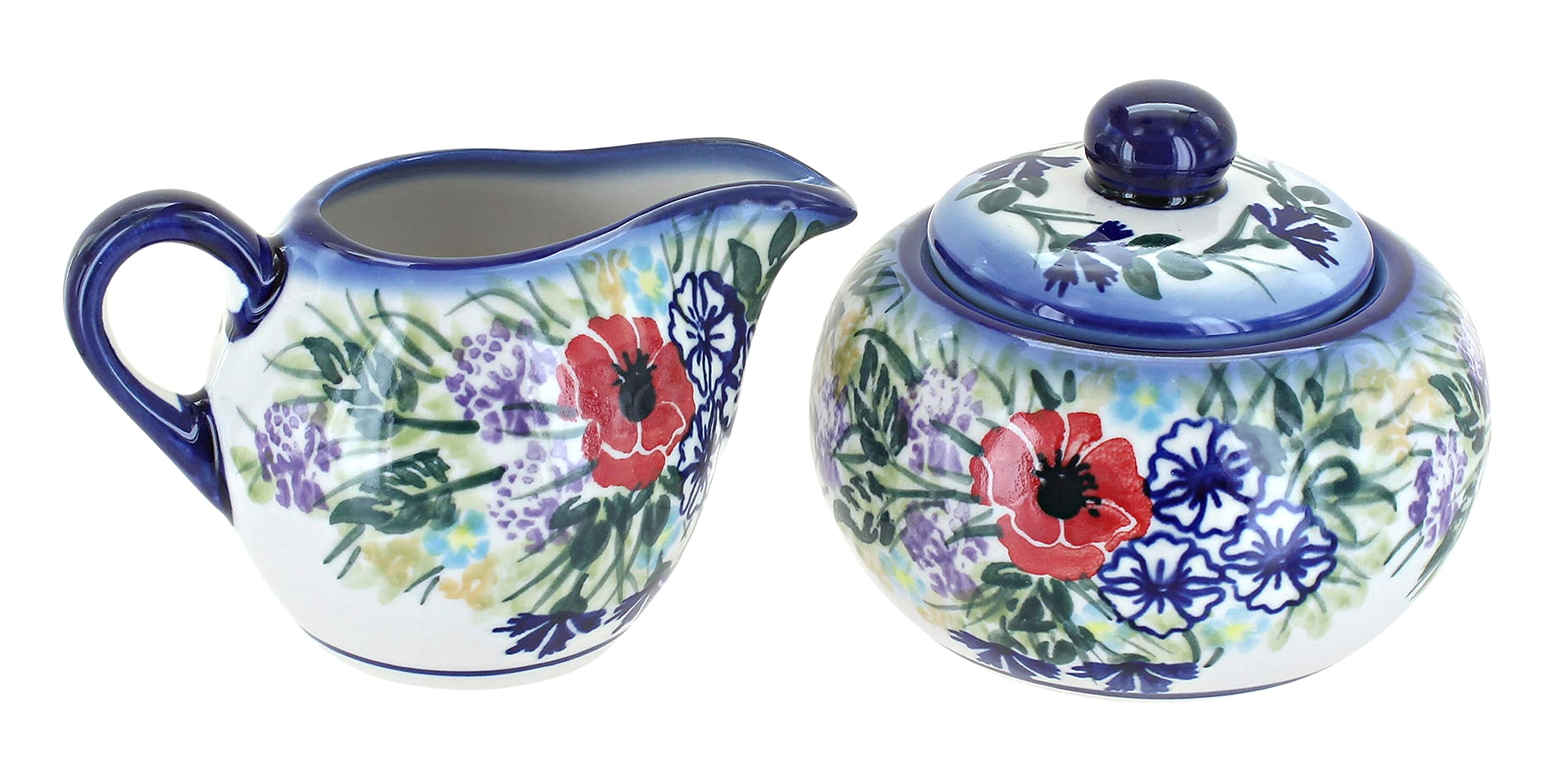 Handmade Blue Rose Polish Pottery Sugar Bowl and Creamer Set - Summer Garden Floral Design - Perfect for Tea Time, Coffee Service, and Cottagecore Kitchen Decor