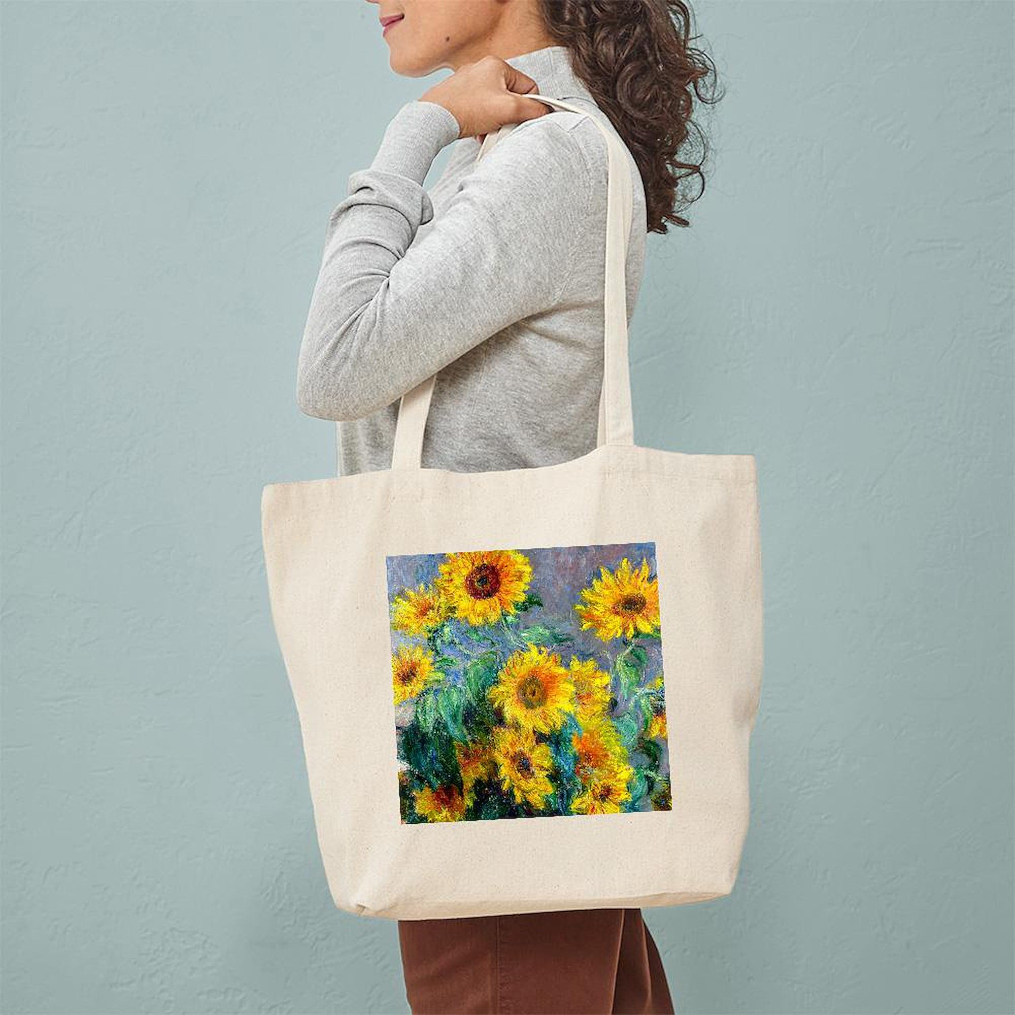 Monet Sunflower Tote Bag - Natural Canvas Reusable Shopping Bag for Women | Eco-Friendly Grocery, Beach & Work Tote | CafePress Jewelry Collection