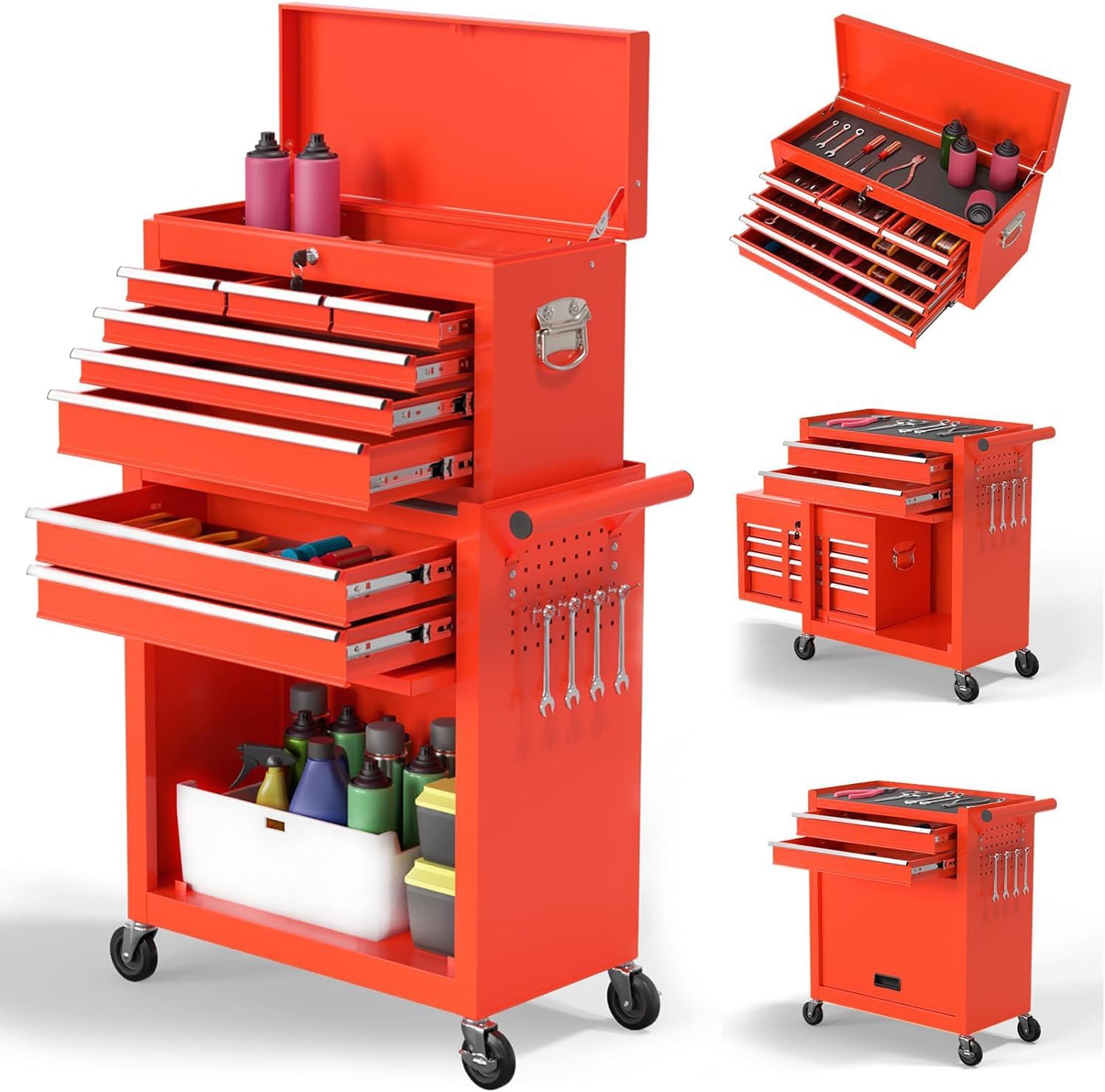 8-Drawer Rolling Tool Chest with Wheels - Heavy Duty Mobile Tool Storage Cabinet with Lockable Drawers & Smooth Gliding Casters - Perfect for Garage, Workshop, Auto Repair & DIY Projects (Red)